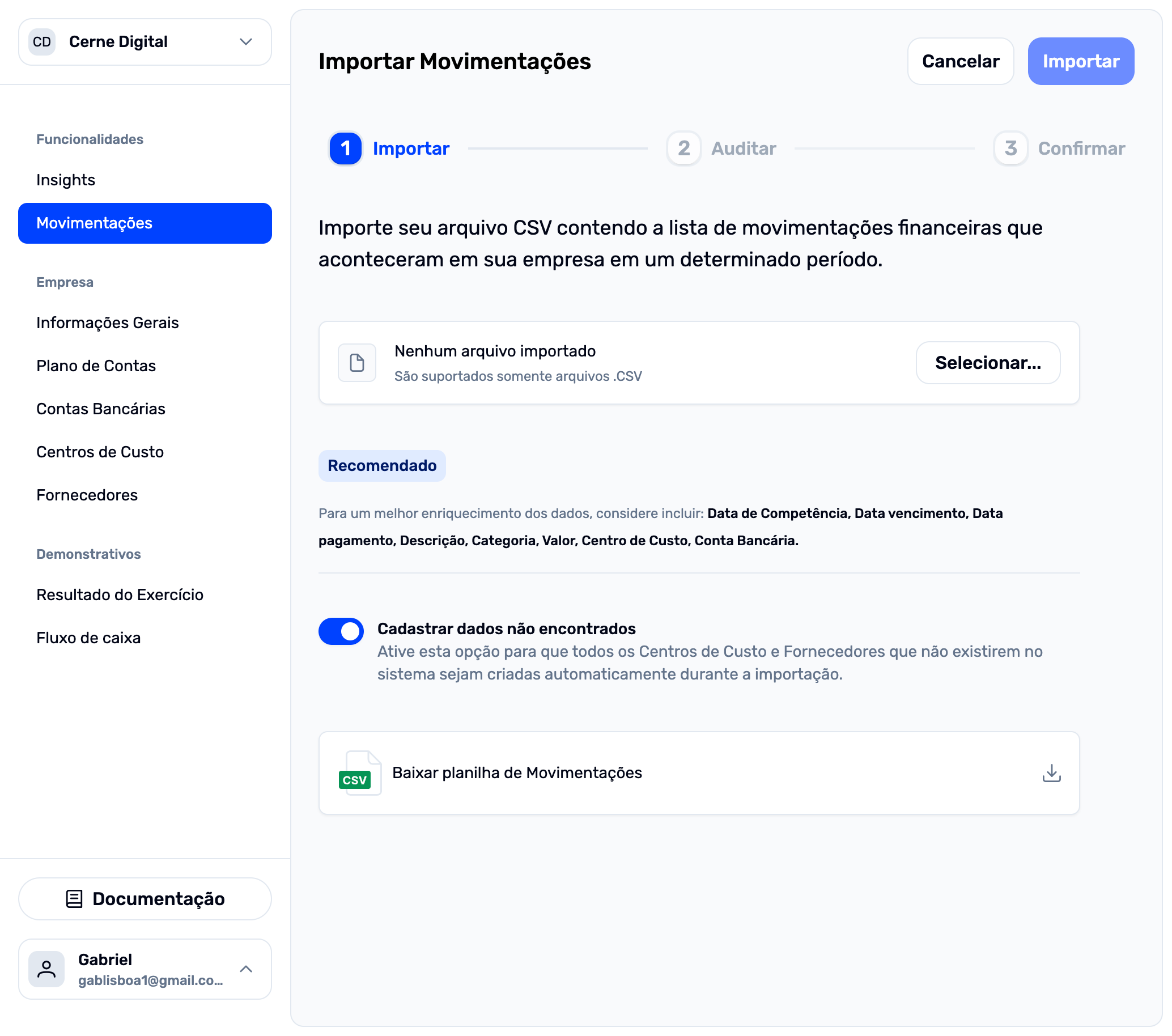 Página de importação de movimentações