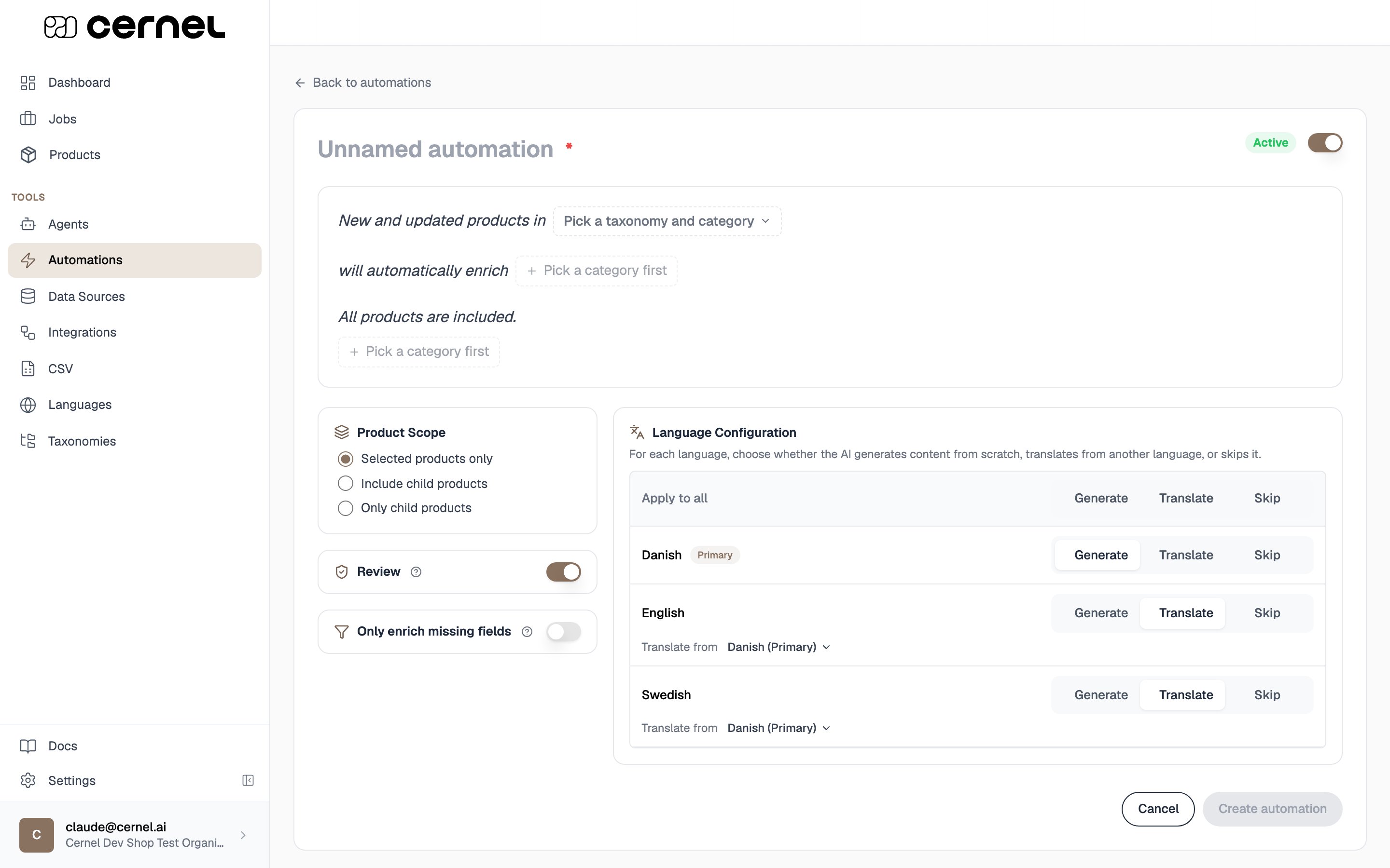 An automation page showing the sentence builder above the enrichment options: a Product Scope selector (Selected products only, Include child products, Only child products), a Review toggle set on, an Only enrich missing fields toggle set off, and a Language Configuration panel with Generate, Translate, and Skip choices per language