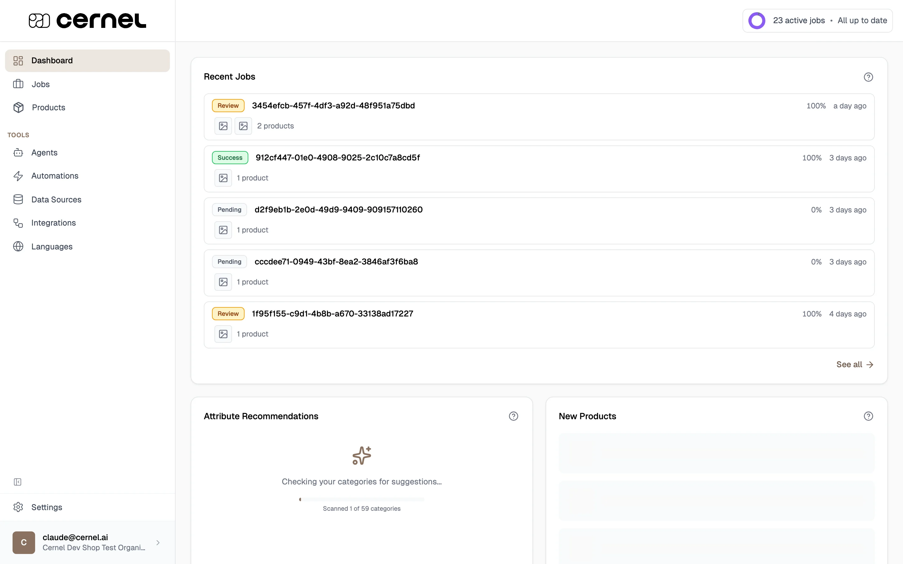 Cernel dashboard showing enrichment stats cards, a recommendations panel suggesting attributes for categories, and an activity feed with completed enrichment jobs