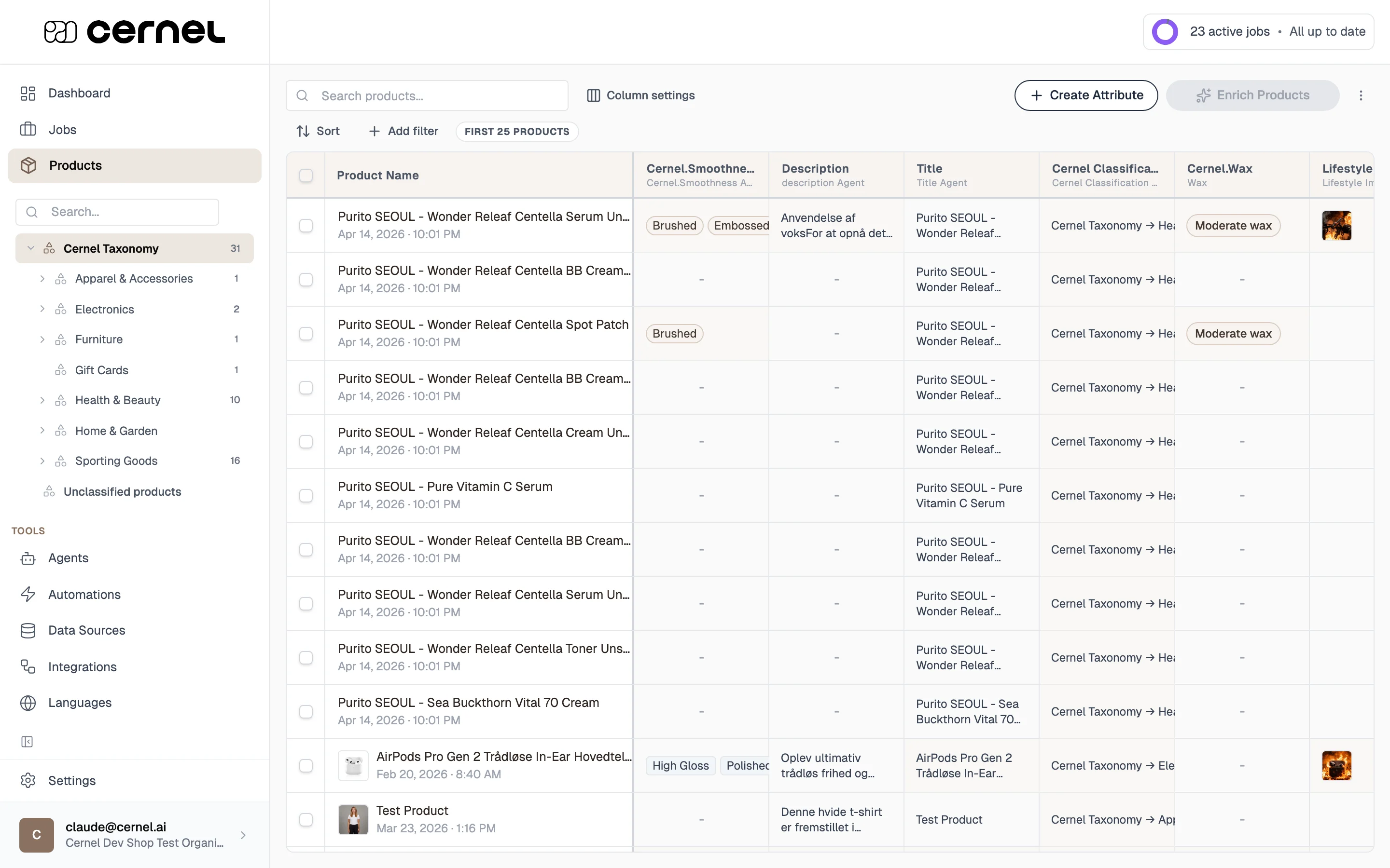 The product table showing a list of products in a selected category, with columns for product name, image, and attribute values, with most attribute columns empty, waiting for enrichment