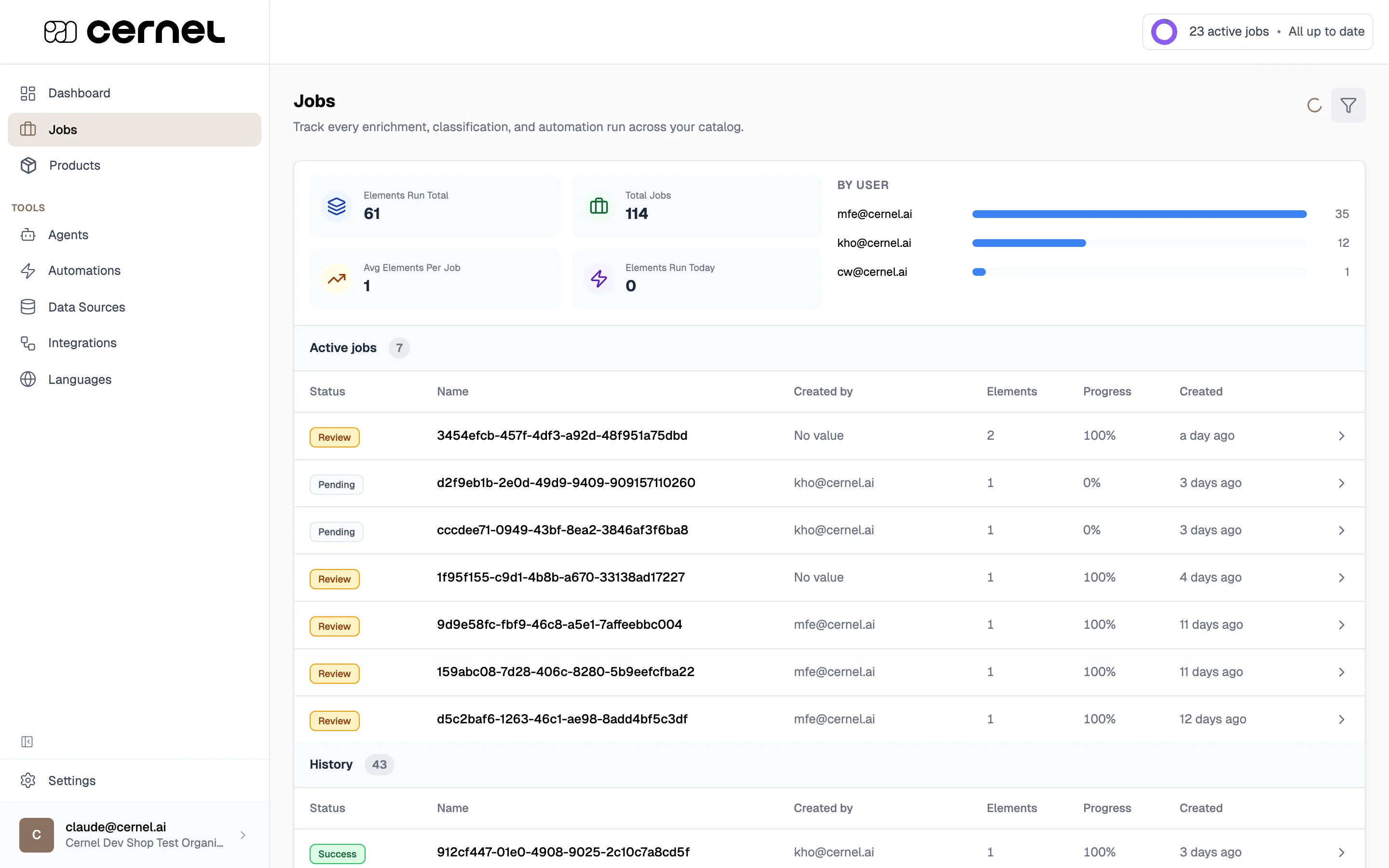The job detail table showing product rows with columns for Product Name (with thumbnail), Status (Success/Review badges), Score (showing filled/total attributes ratio like 4/5), Language/Site, and attribute value columns