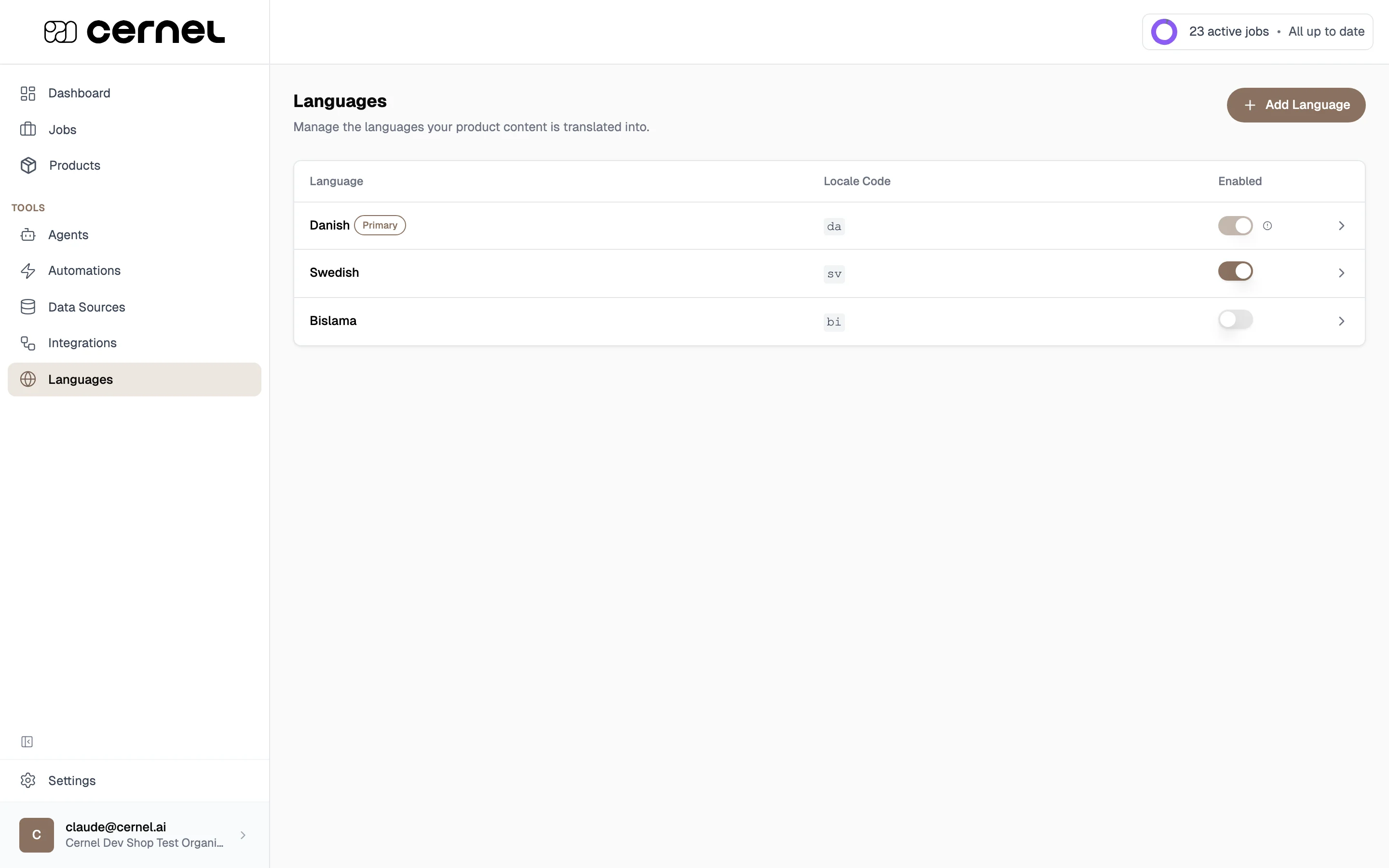 The Languages settings table showing rows for English (Primary, Enabled), Danish (Enabled), German (Enabled), and French (Disabled), each with a language code and a toggle switch