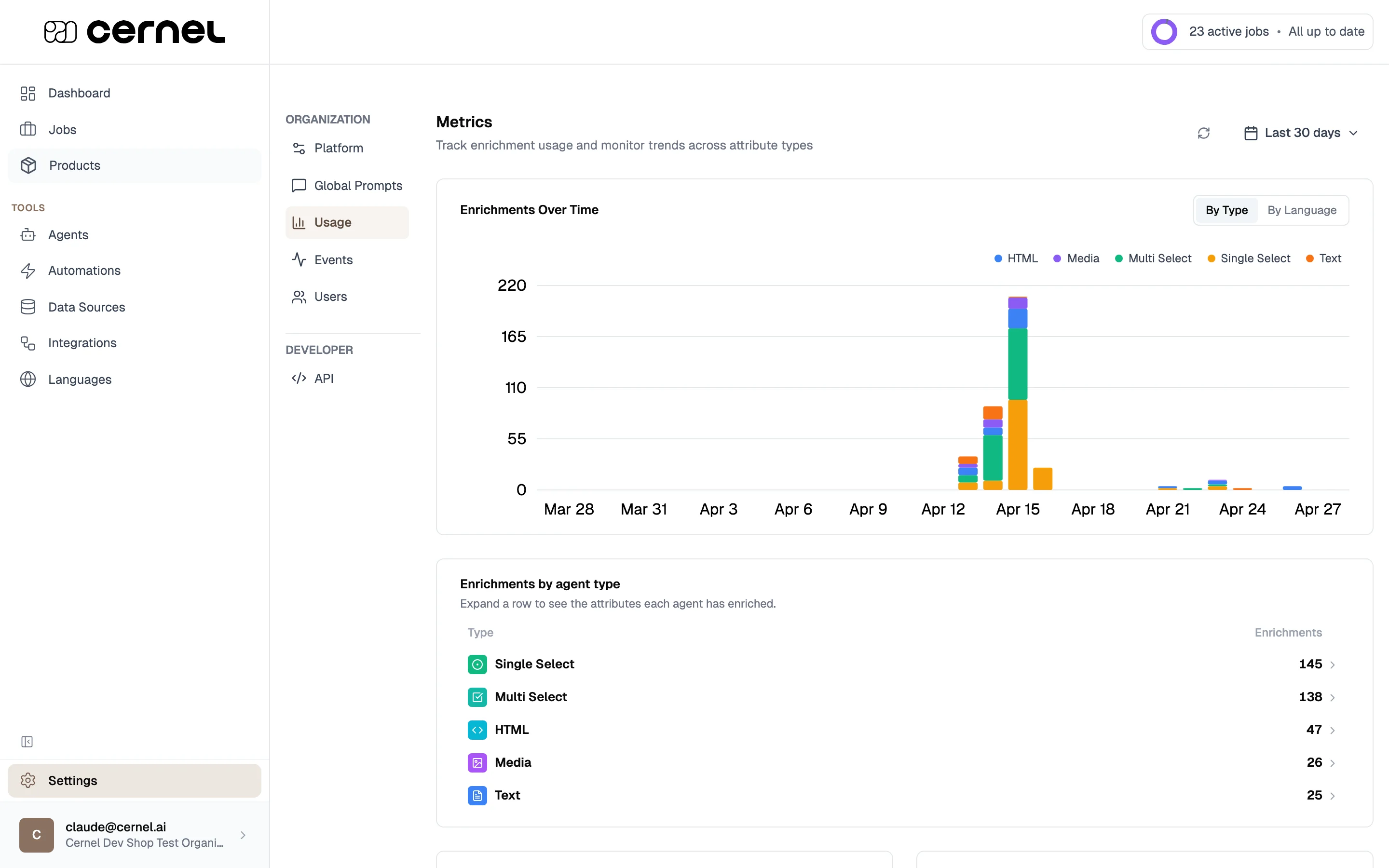 The Usage page showing total enrichments count, a trend chart for enrichments over time, a breakdown table by attribute type, and a monthly usage limit bar