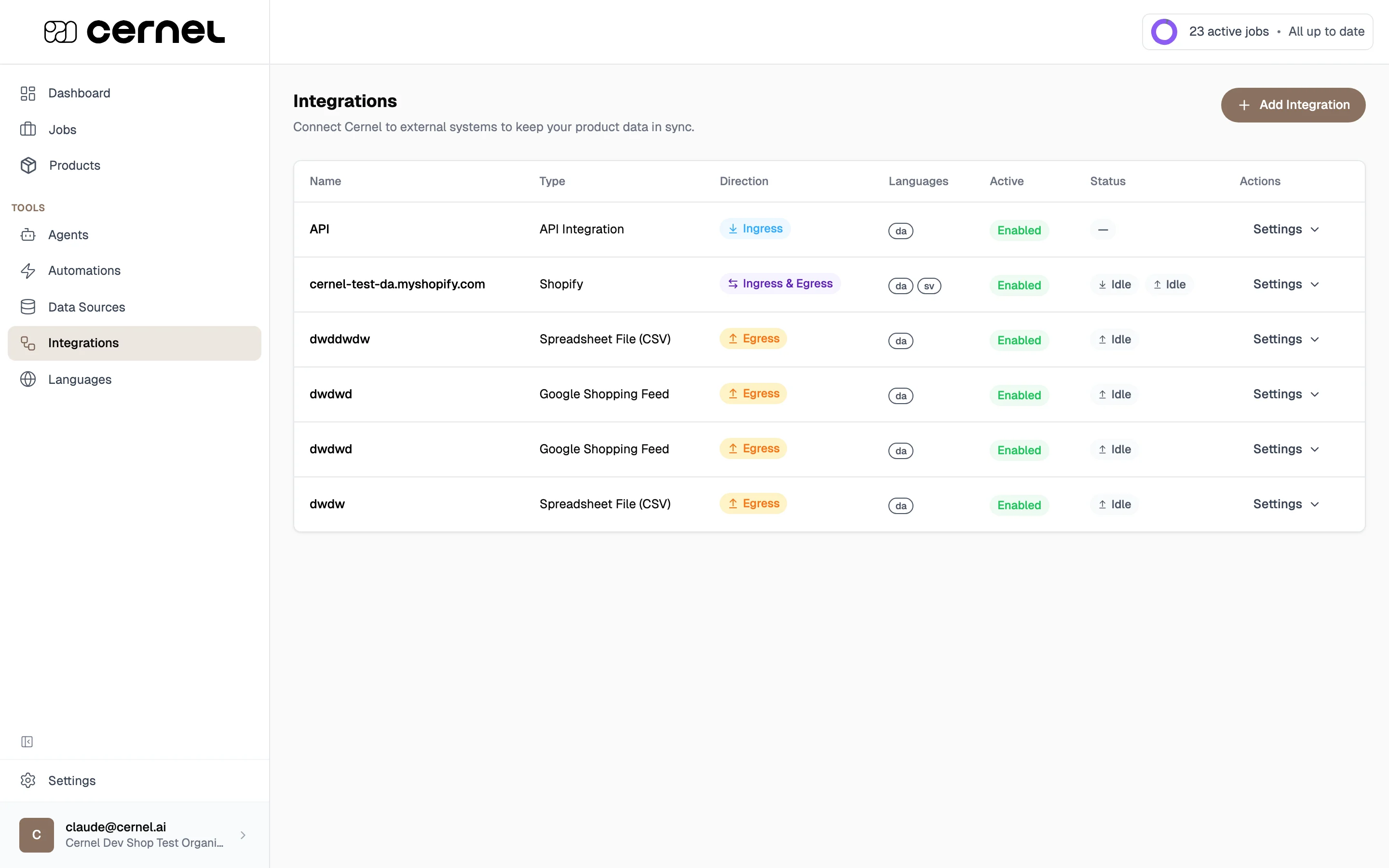 The Integrations page under Settings > Organization showing existing integrations with their type, direction, language, status, and an 'Add Integration' button