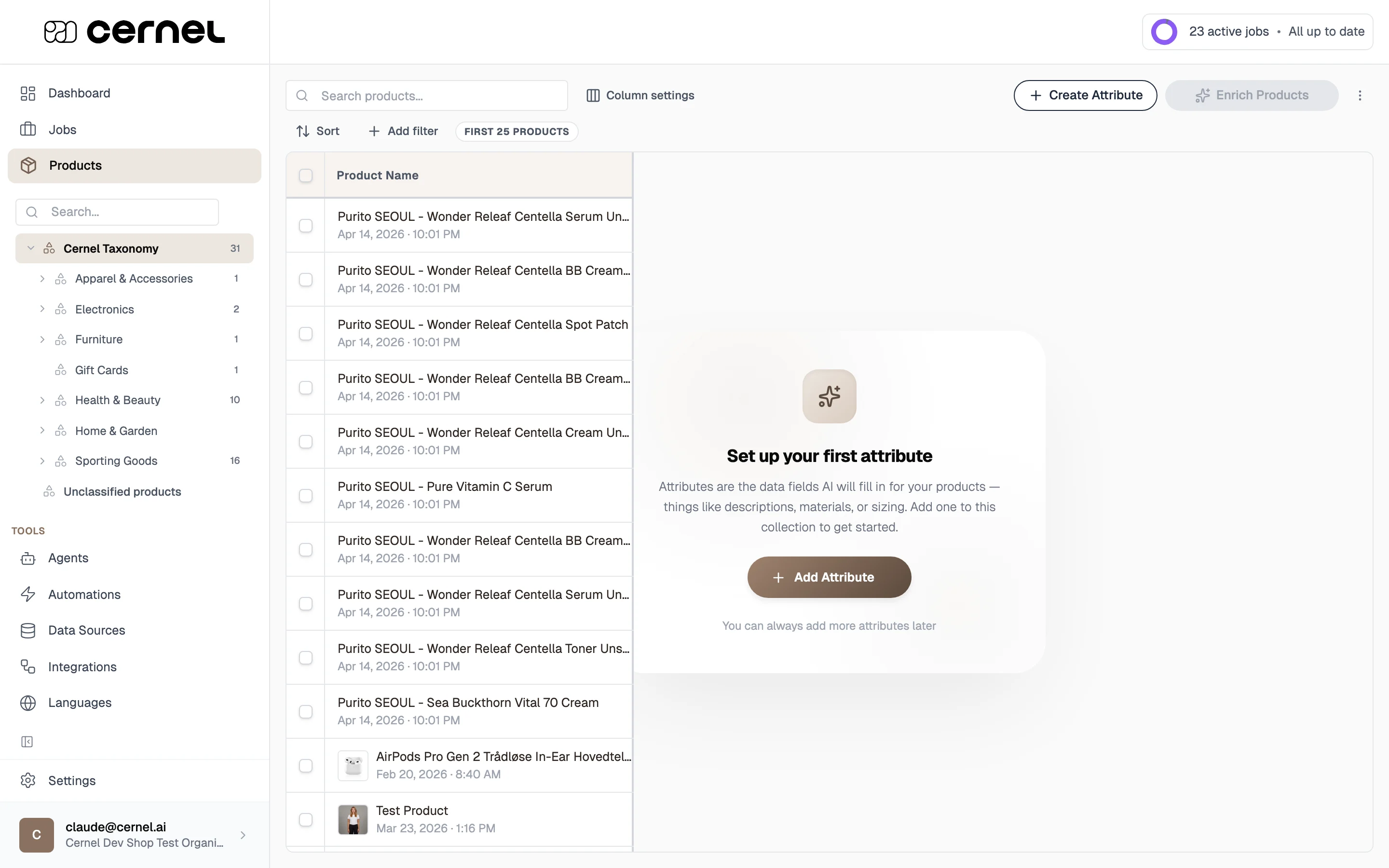 The Clothing category selected in the sidebar, with the product table showing clothing products like hoodies, t-shirts, and pants with their images and dates