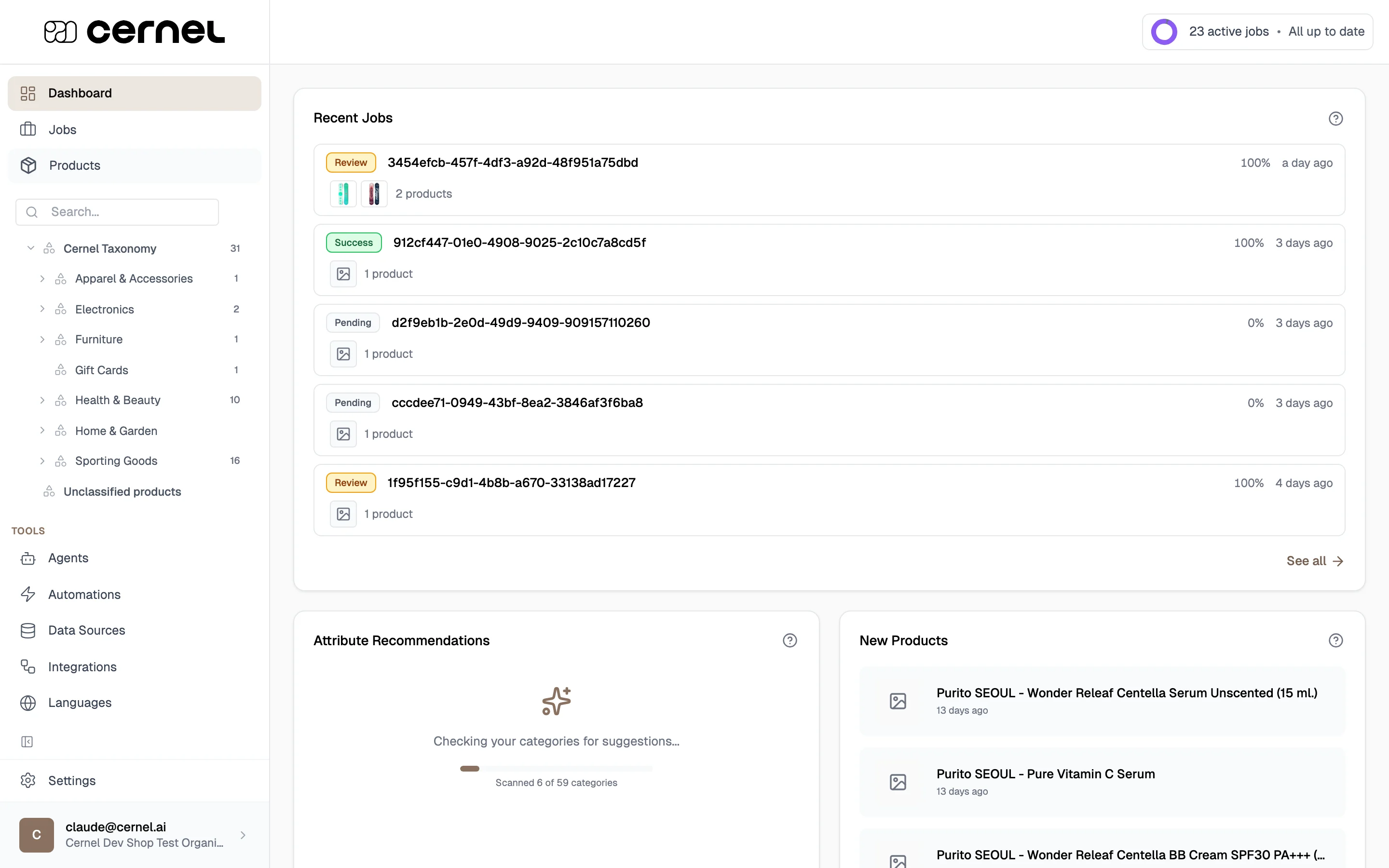 The Products page showing the taxonomy sidebar with Cernel Taxonomy as root, Apparel & Accessories expanded into Clothing, Clothing Accessories, and Shoes, plus Health & Beauty and Luggage & Bags categories