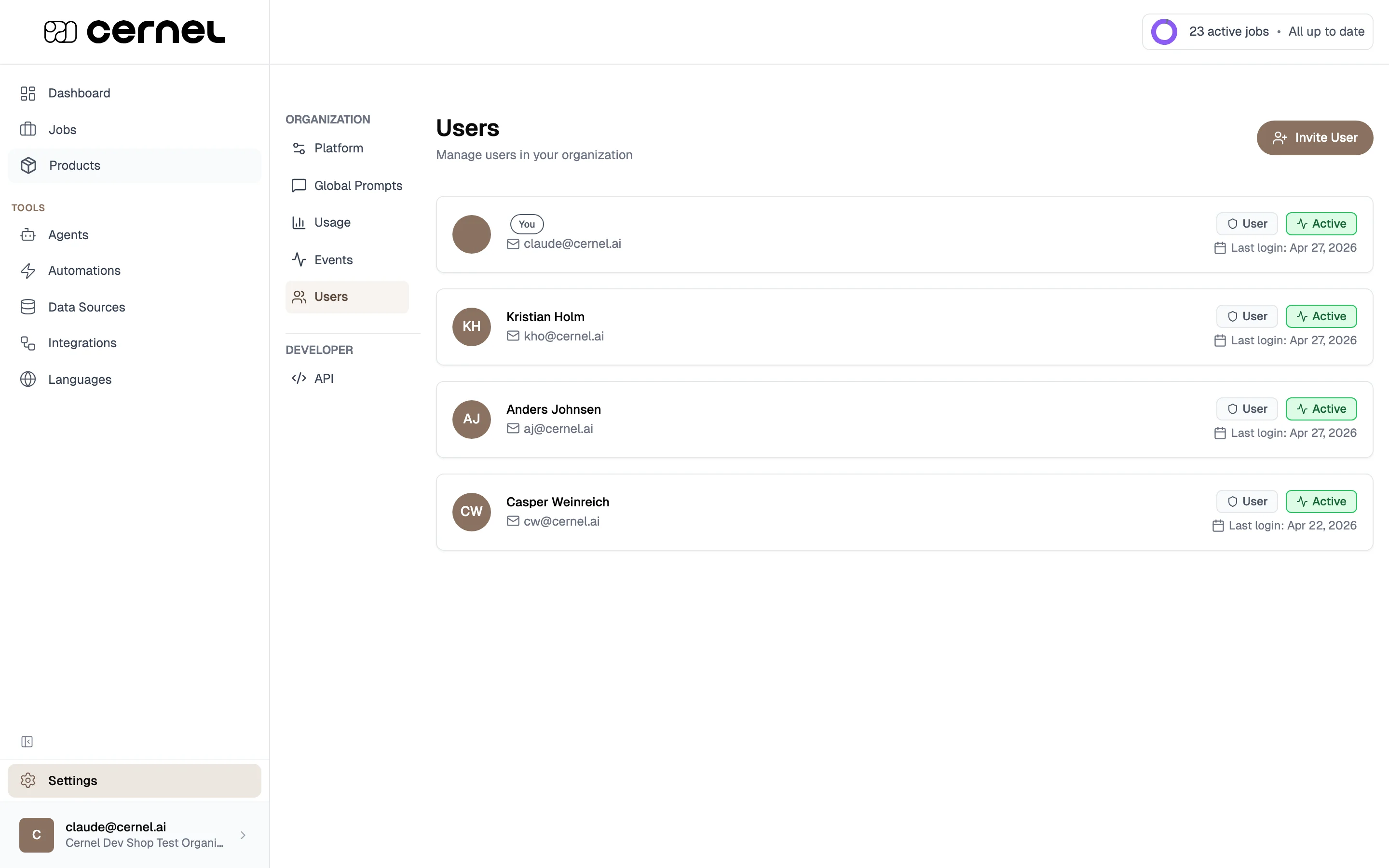 The Users page showing user cards with avatar initials, name with 'You' badge, email, role badge (Admin/User), status badge (Active), and last login date, with an 'Invite User' button