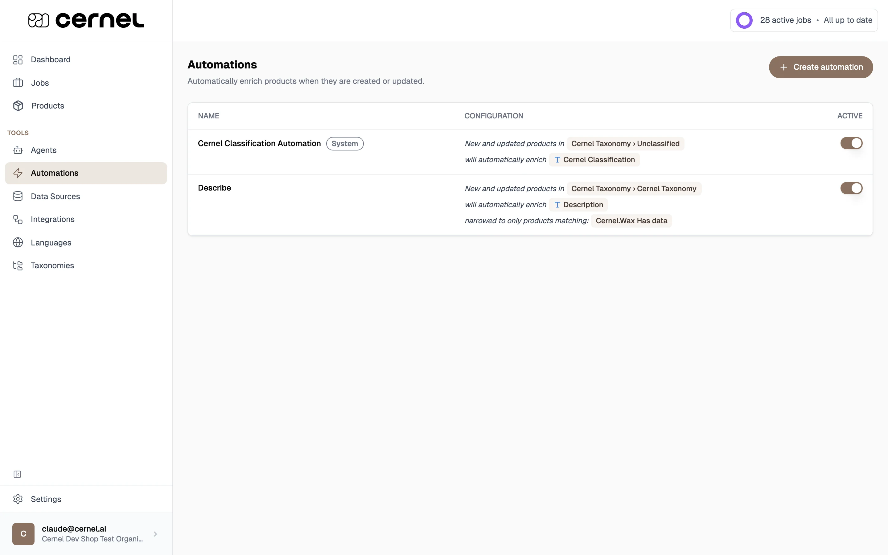 The Automations page listing existing automations as sentence summaries with Name, Configuration and Active columns and a Create automation button