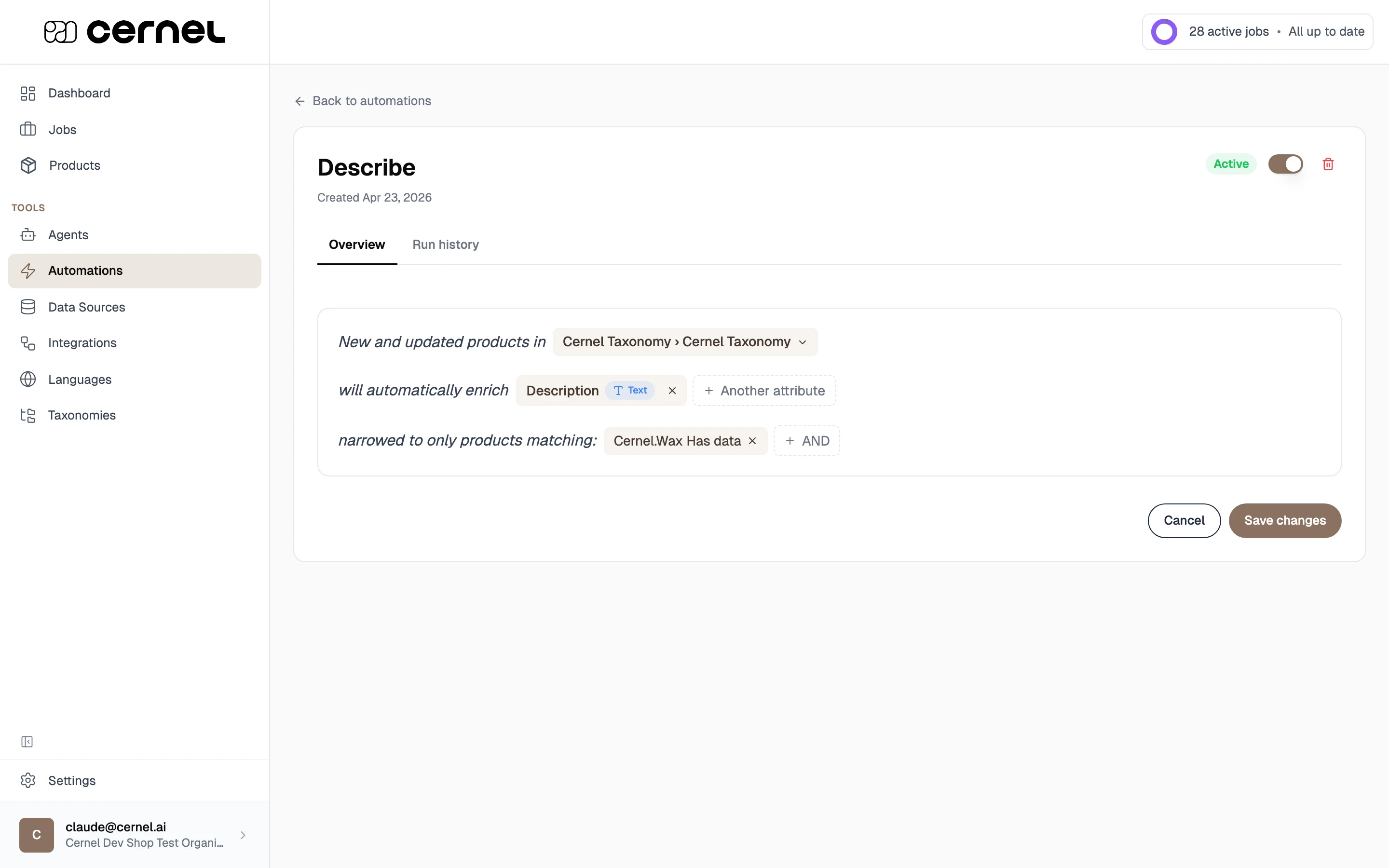 The automation detail page with the Overview tab active, showing the editable sentence with chips for taxonomy, attribute, and filter, plus Cancel and Save changes buttons