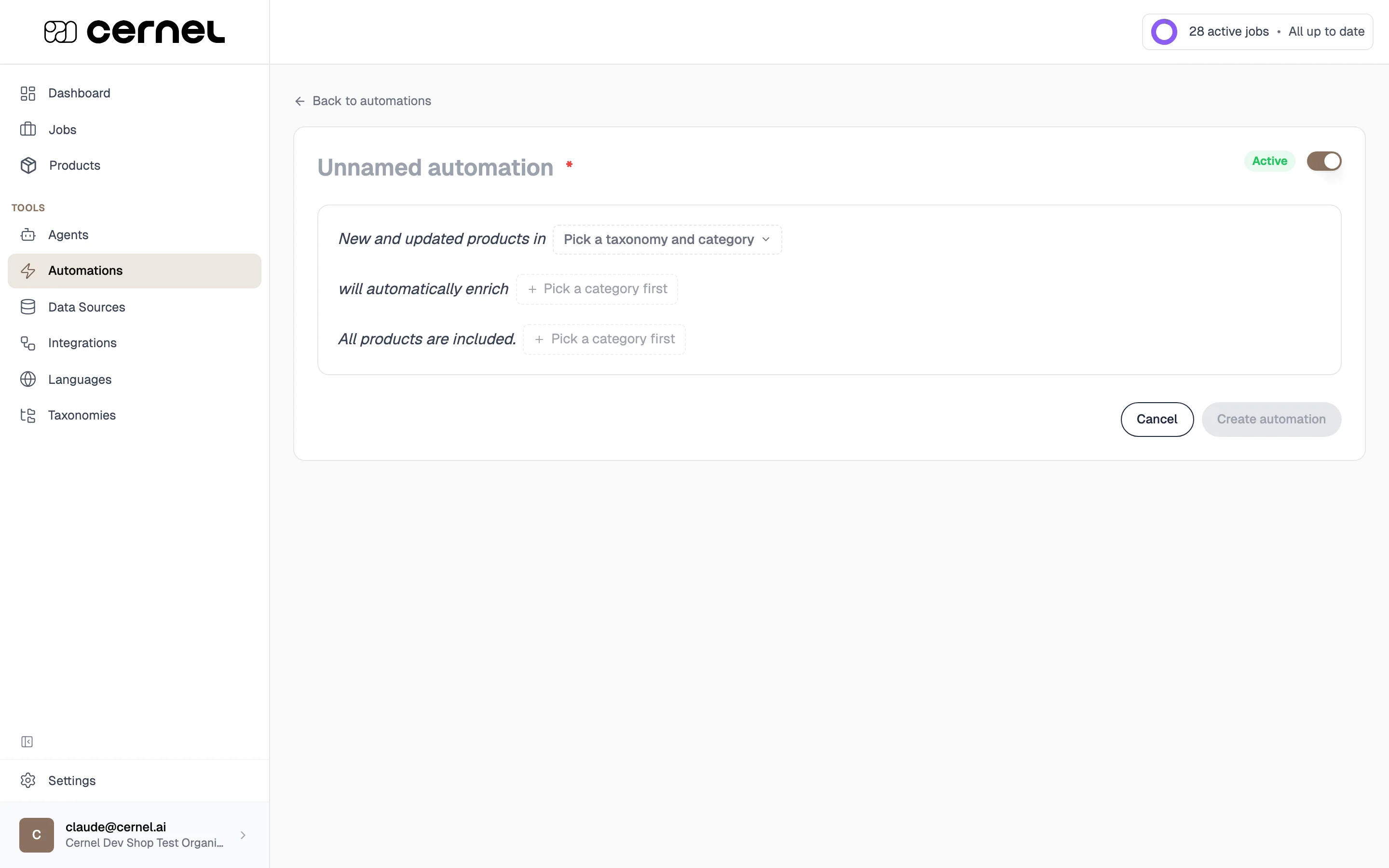 The new automation page showing the sentence builder with empty slots: Pick a taxonomy and category, will automatically enrich Pick a category first, All products are included
