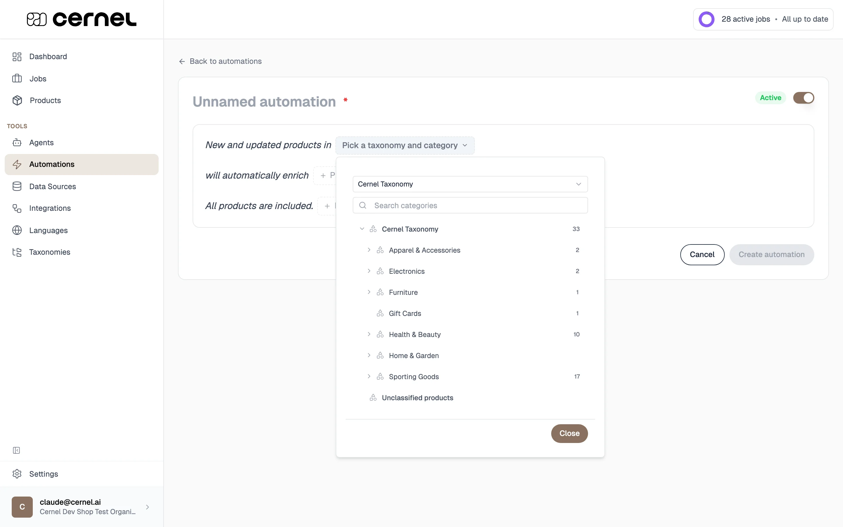 The taxonomy popover open over the sentence builder showing a Cernel Taxonomy dropdown, a search field, and a tree of categories with Unclassified products at the bottom
