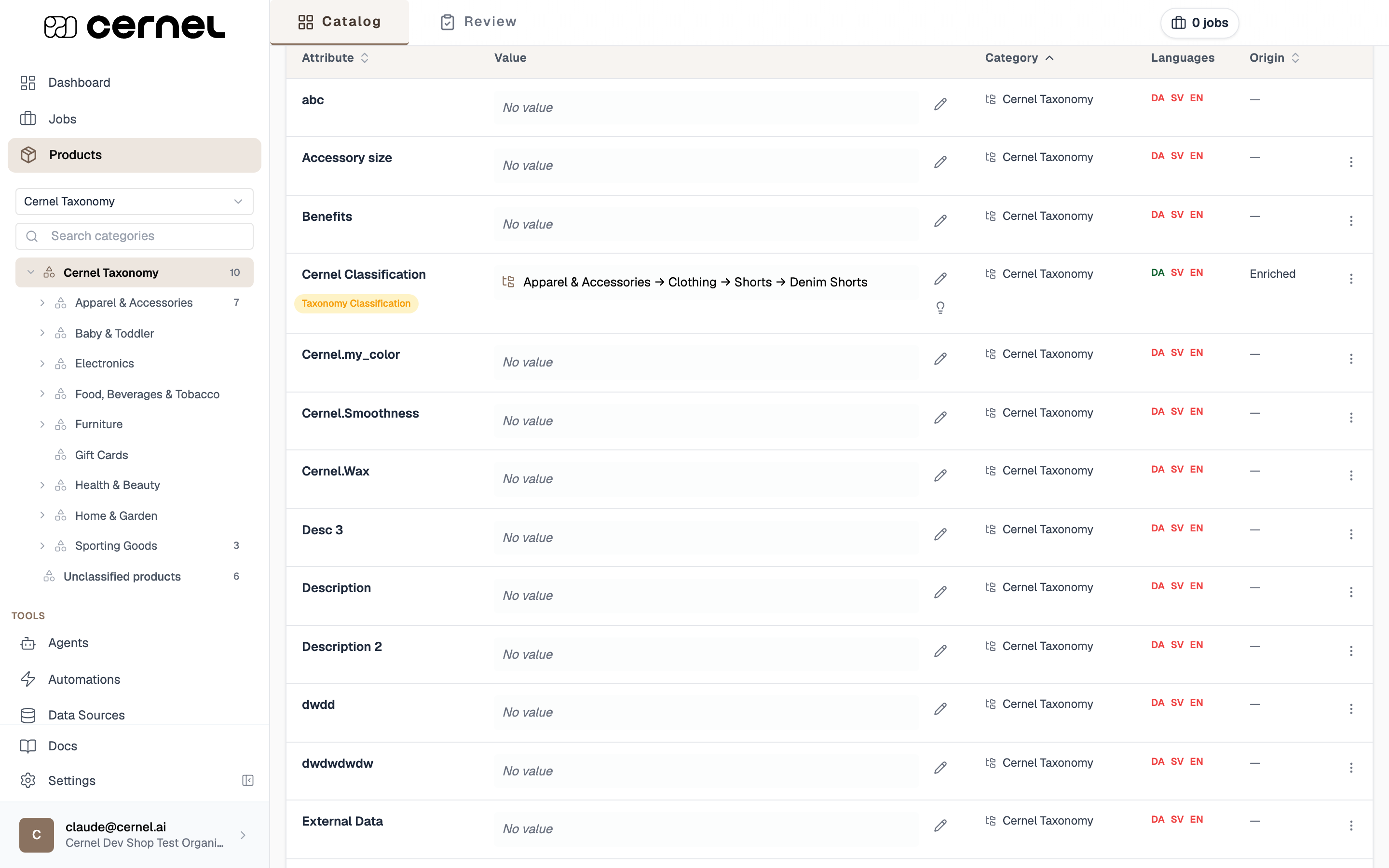 The Attributes tab showing the merged attribute table with Attribute, Value, Category, Languages, and Origin columns, each attribute on its own row
