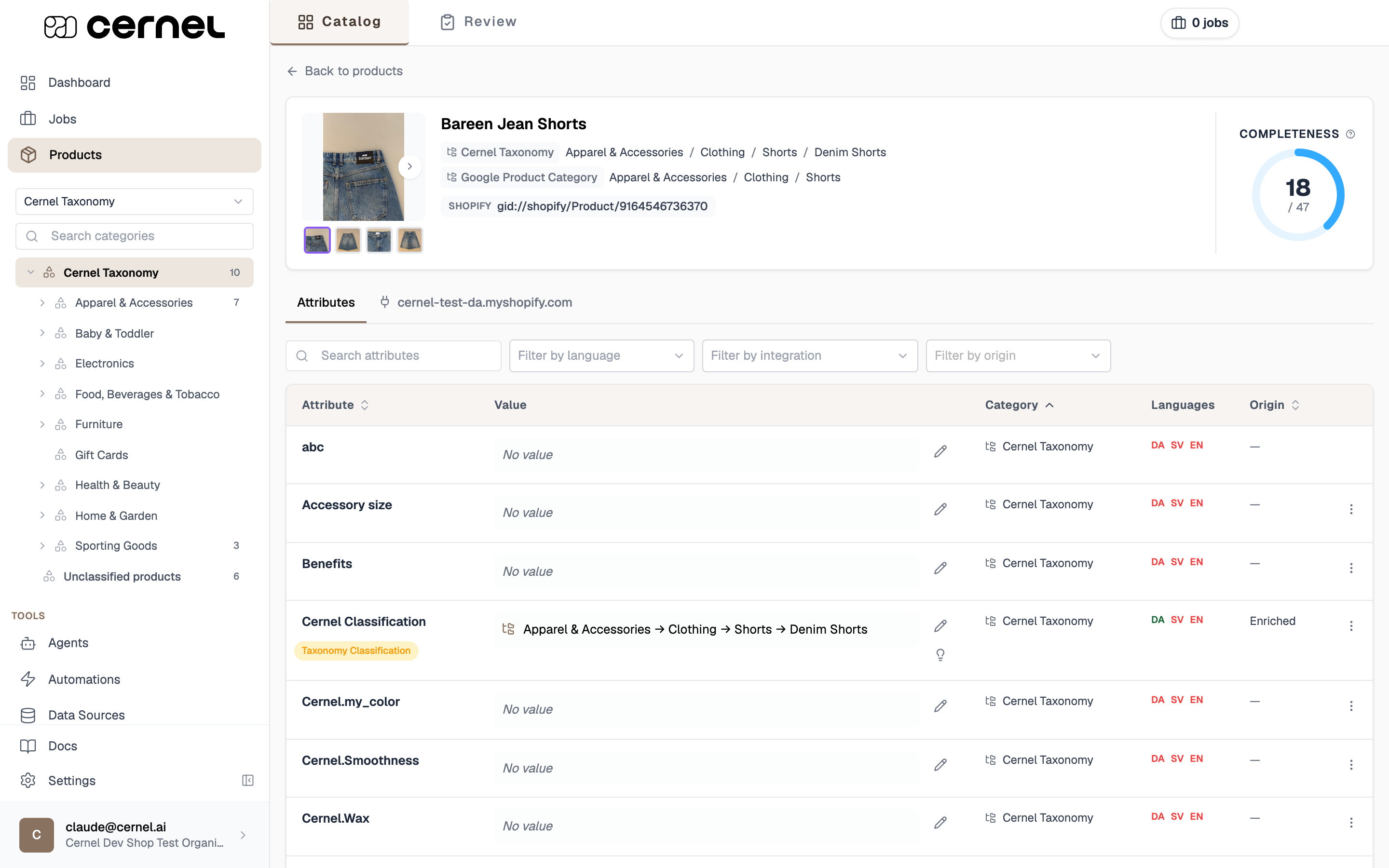 The product detail page header: the image gallery, the product title, its Cernel Taxonomy and Google Product Category paths, the Shopify identifier, and the Completeness ring on the right, with the Attributes tab open below