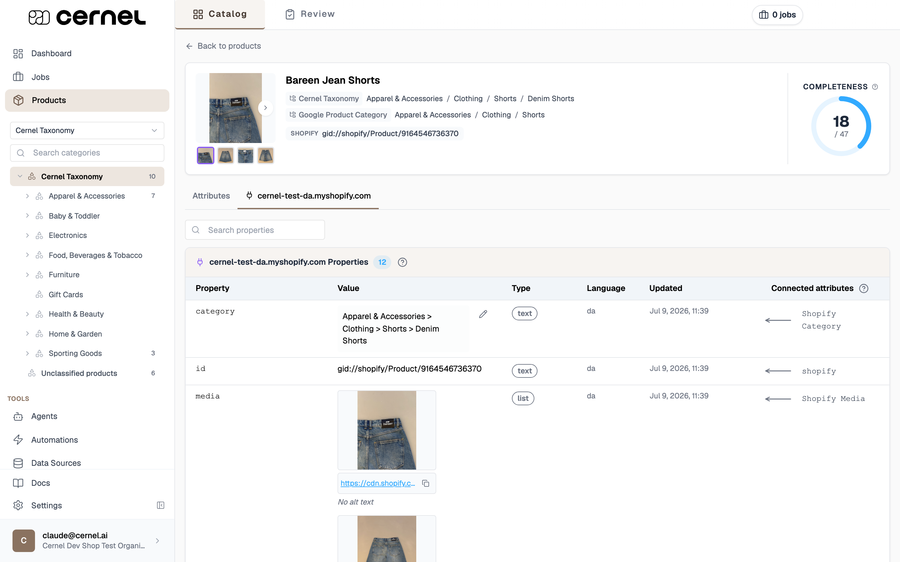 A Shopify integration tab showing the properties it sends for the product in a table with Property, Value, Type, Language, Updated, and Connected attributes columns, with mapping arrows showing each connection