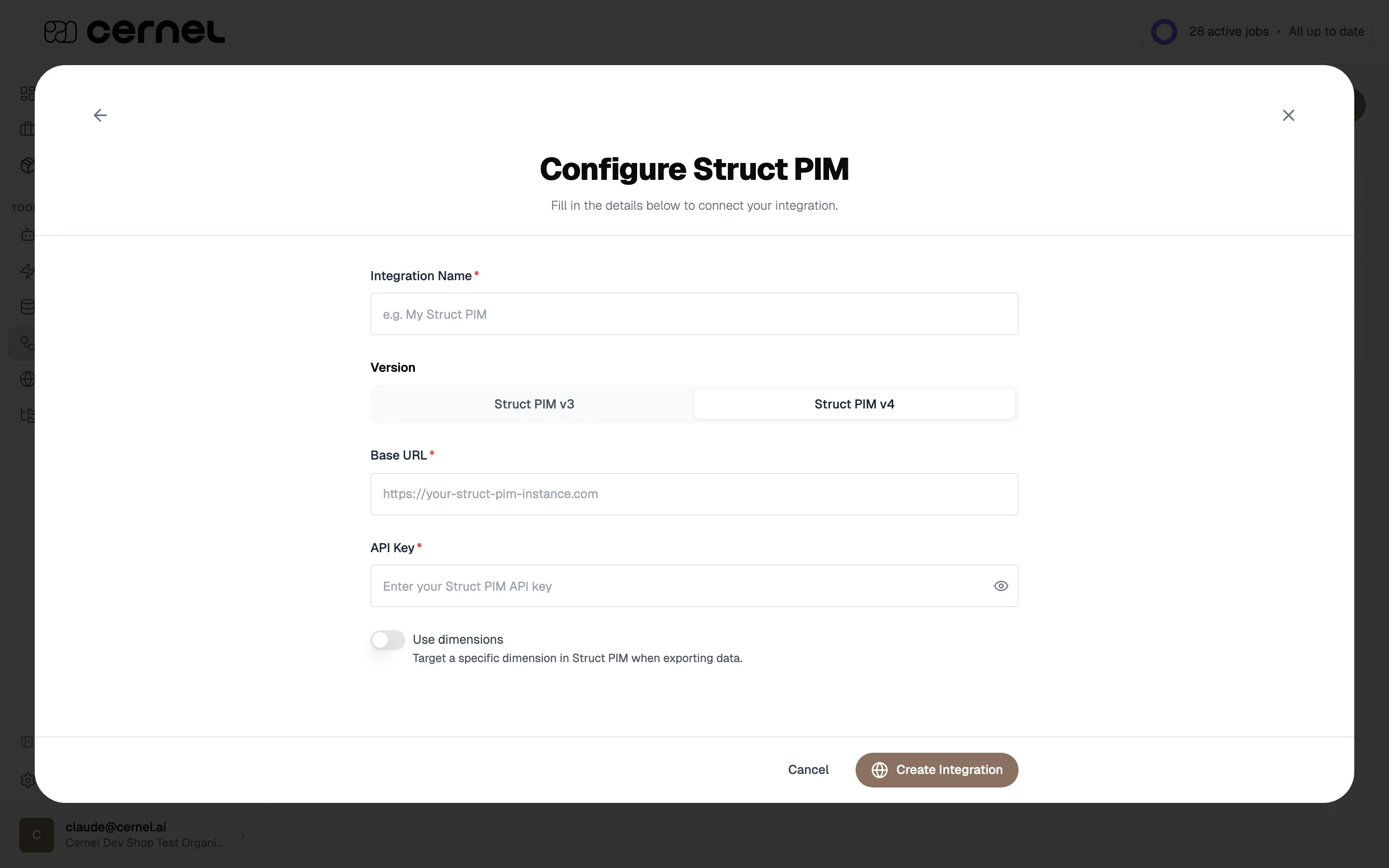 Struct PIM configuration form with Integration Name, Version segmented control, Base URL, API Key and the Use dimensions toggle.
