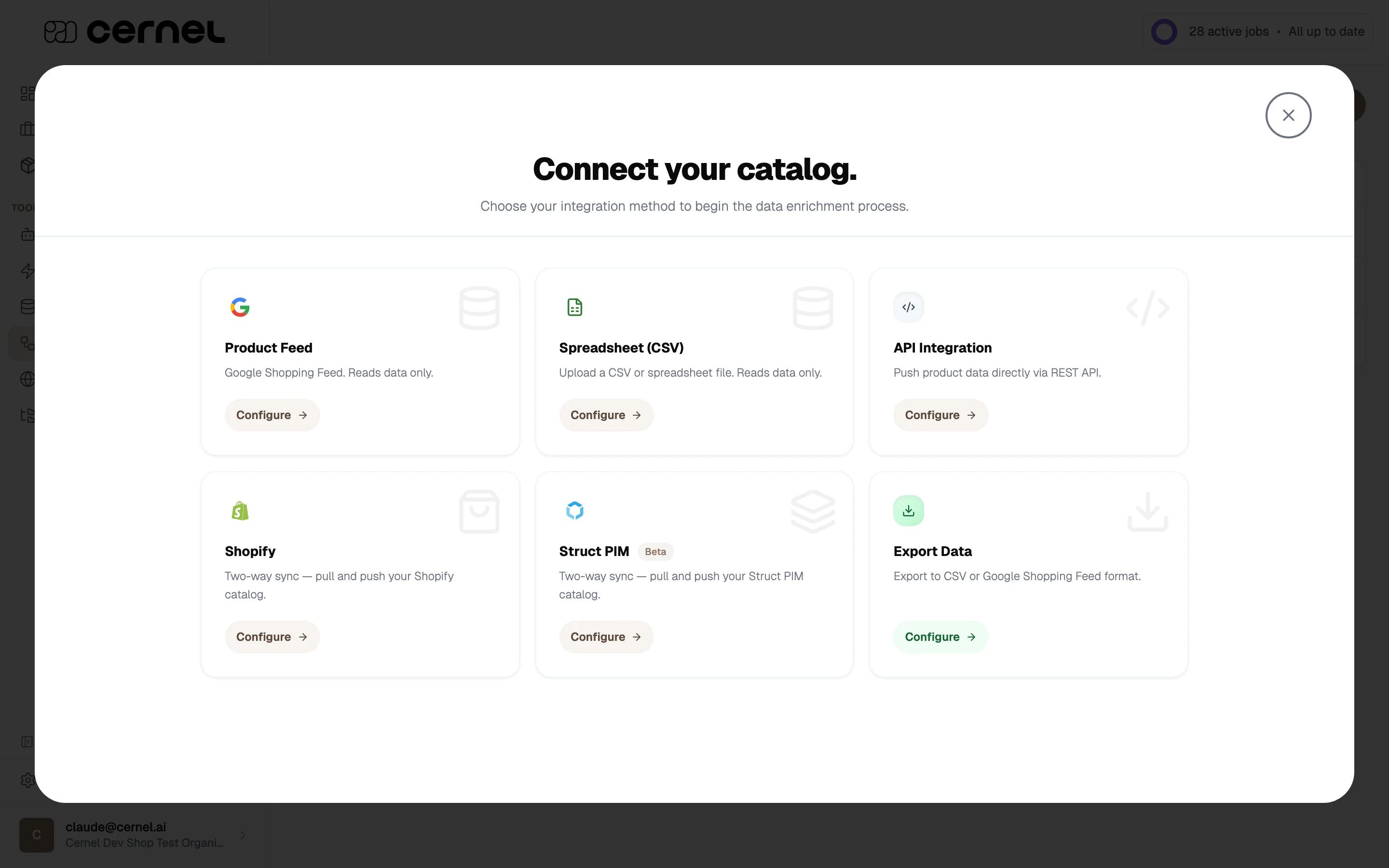 Connect your catalog picker showing the Struct PIM card alongside Shopify, Product Feed, CSV, API and Export Data.