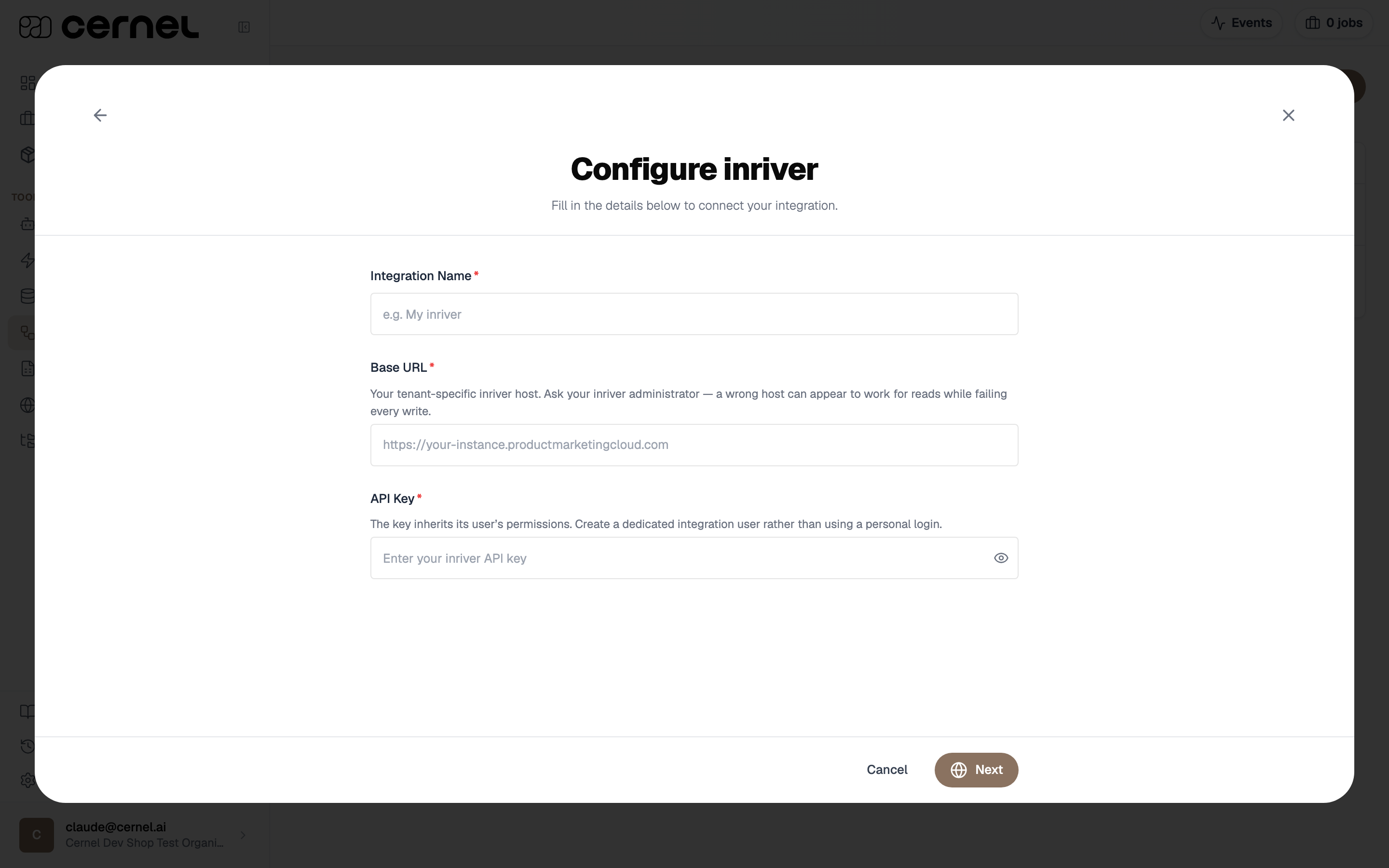 Configure inriver form with Integration Name, Base URL with its tenant-host helper text, and an API Key field, plus Cancel and Next buttons.