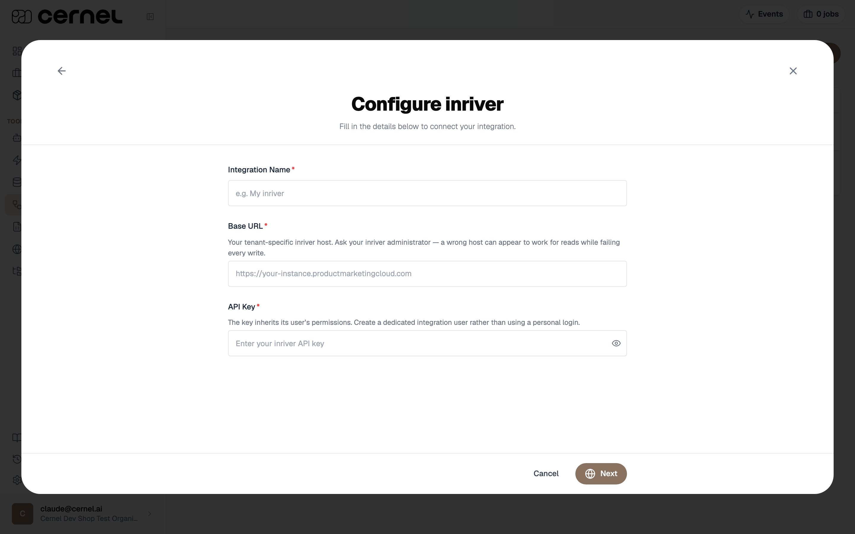 Configure inriver form with Integration Name, Base URL with its tenant-host helper text, and an API Key field, plus Cancel and Next buttons.
