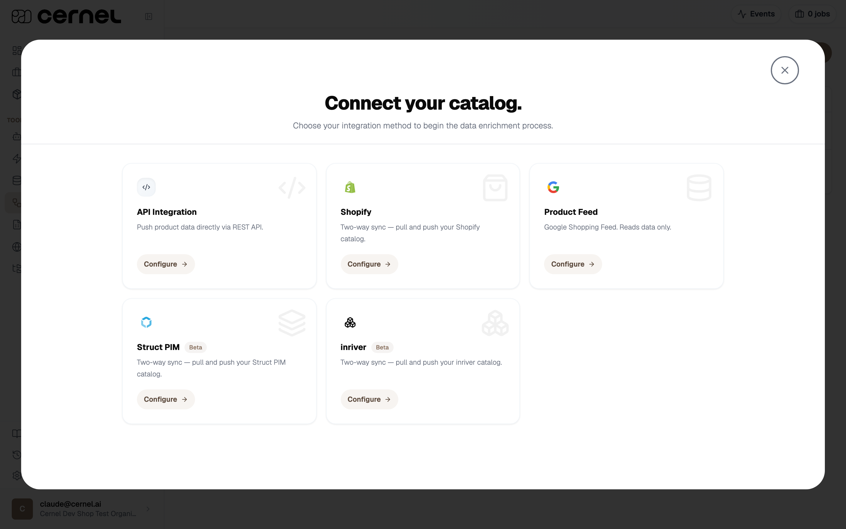 Connect your catalog picker showing the inriver card alongside API Integration, Shopify, Product Feed and Struct PIM, each with a Configure button.