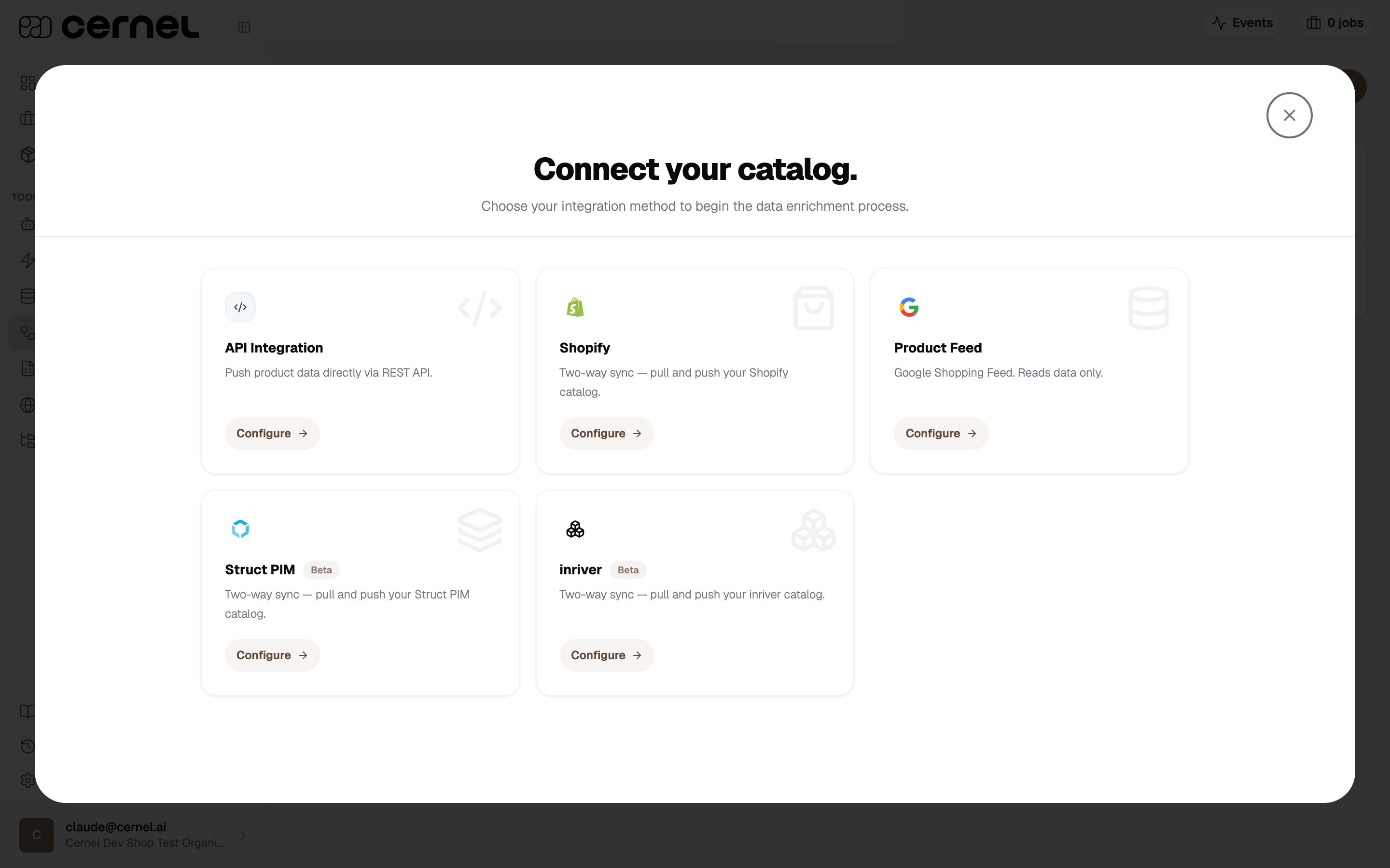 Connect your catalog picker showing the inriver card alongside API Integration, Shopify, Product Feed and Struct PIM, each with a Configure button.