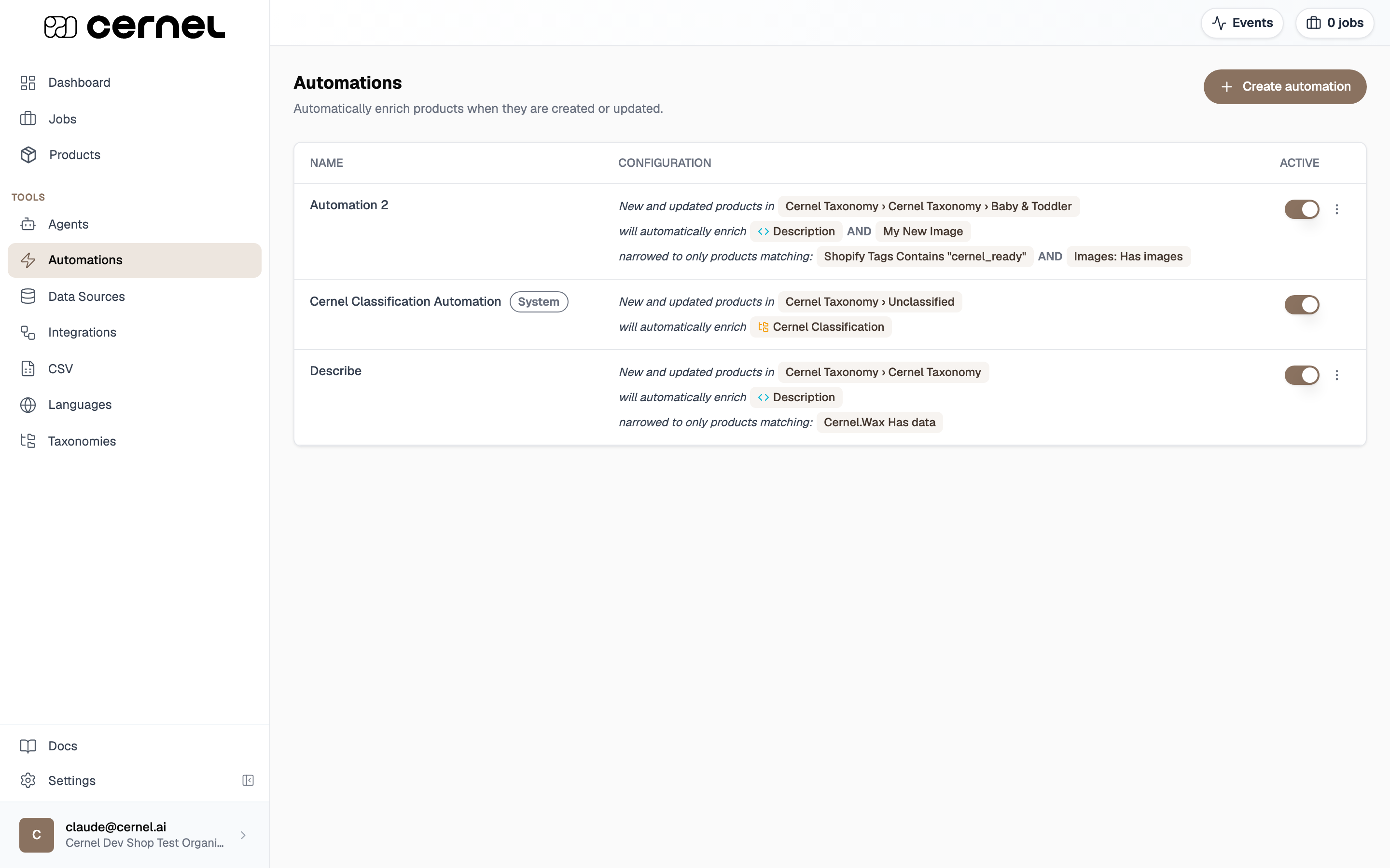 The Automations page listing existing automations as sentence summaries with Name, Configuration and Active columns, an Active toggle and a three-dot row menu on each row, and a Create automation button. The built-in Cernel Classification Automation shows a System badge and no row menu