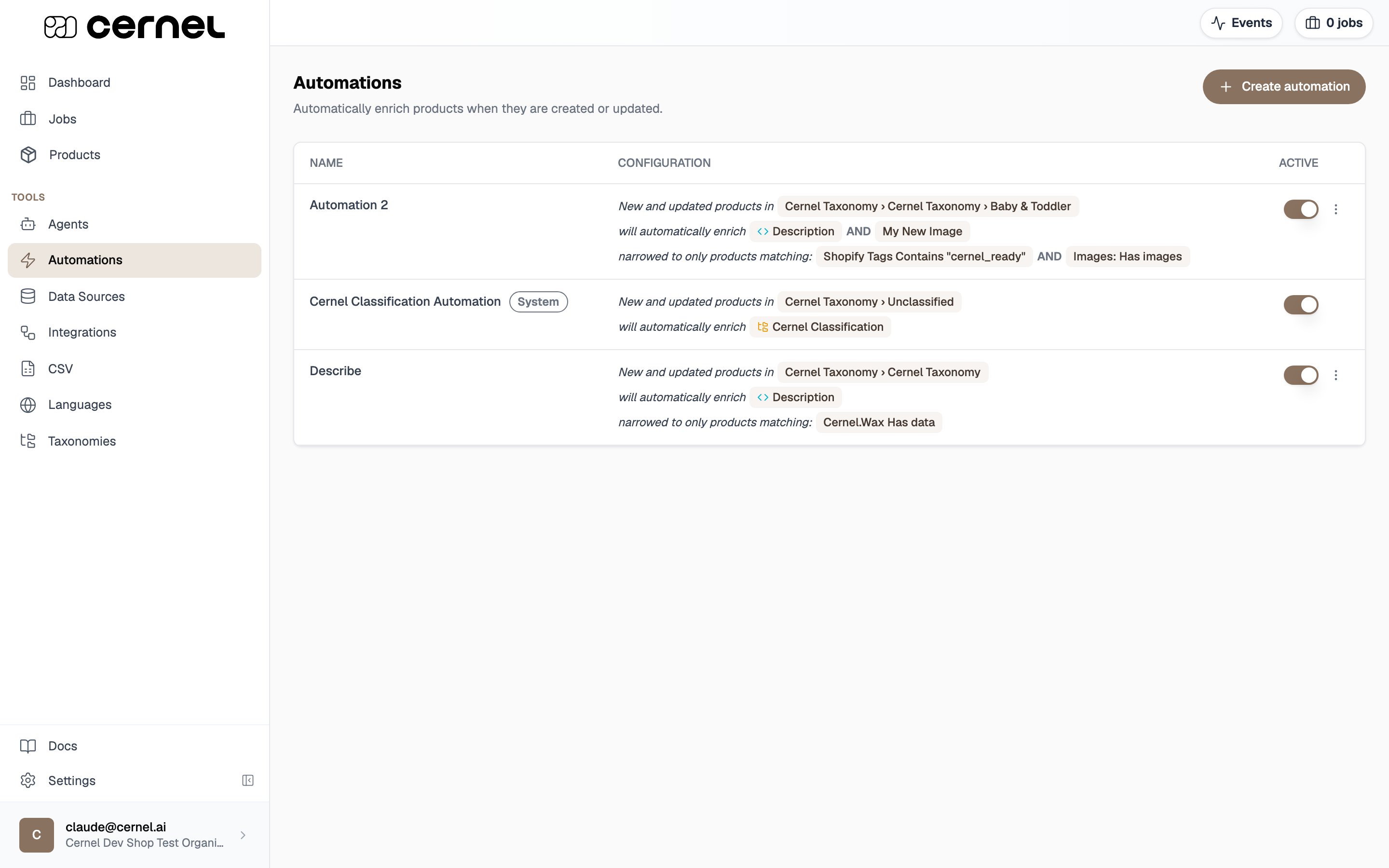 The Automations page listing existing automations as sentence summaries with Name, Configuration and Active columns, an Active toggle and a three-dot row menu on each row, and a Create automation button. The built-in Cernel Classification Automation shows a System badge and no row menu