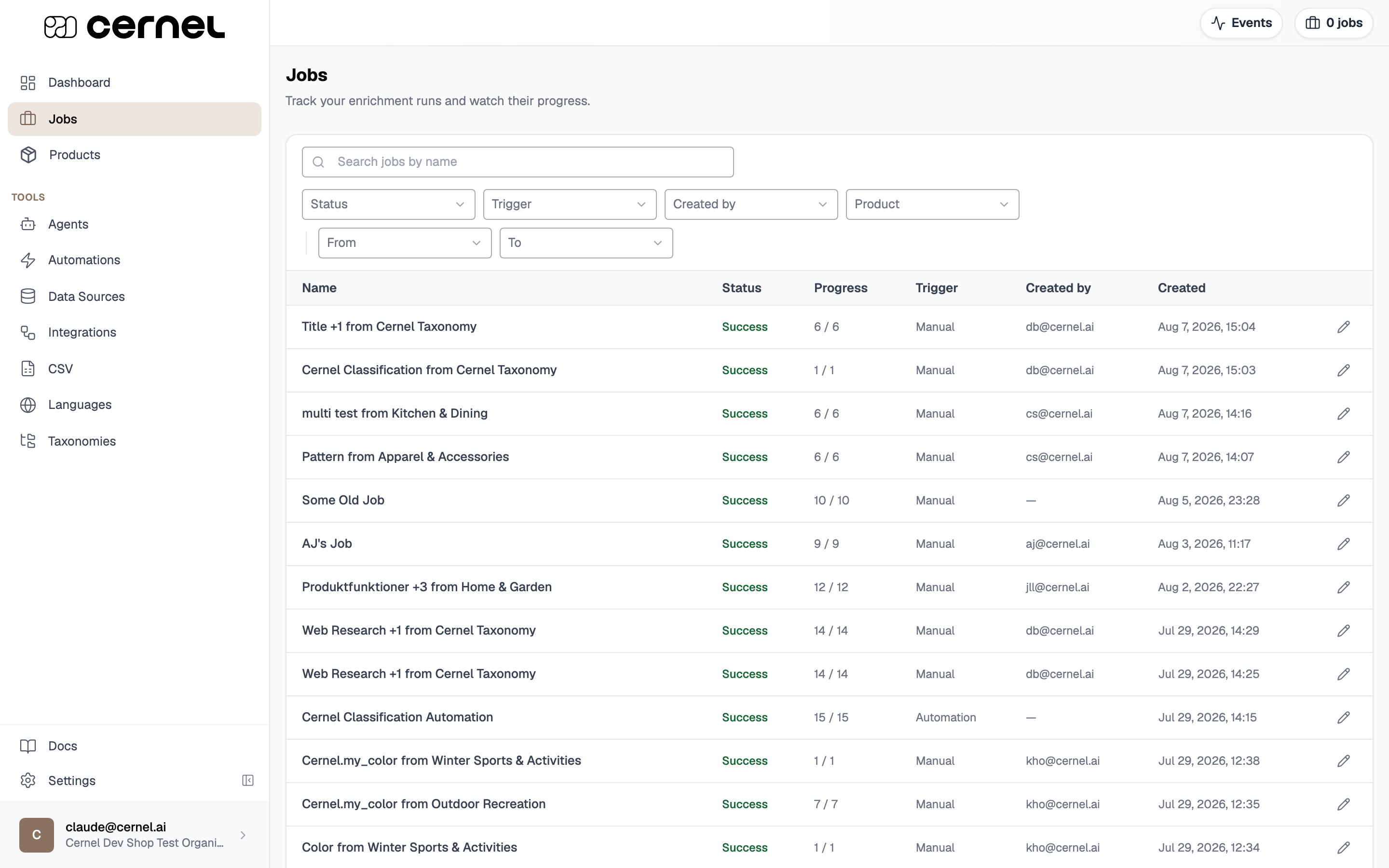 The Jobs page showing the search box and the Status, Trigger, Created by, Product, and date filters above a table of jobs with Name, Status, Progress, Trigger, Created by, and Created columns, and a rename (pencil) action on every row
