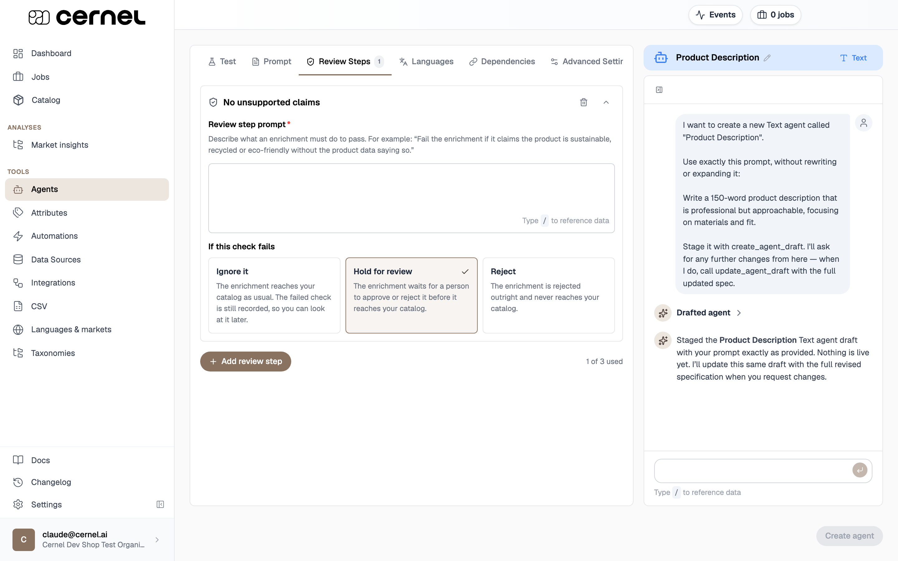 A configured review step with a name, a prompt describing a failing condition, and the If this check fails options showing Ignore it, Hold for review, and Reject
