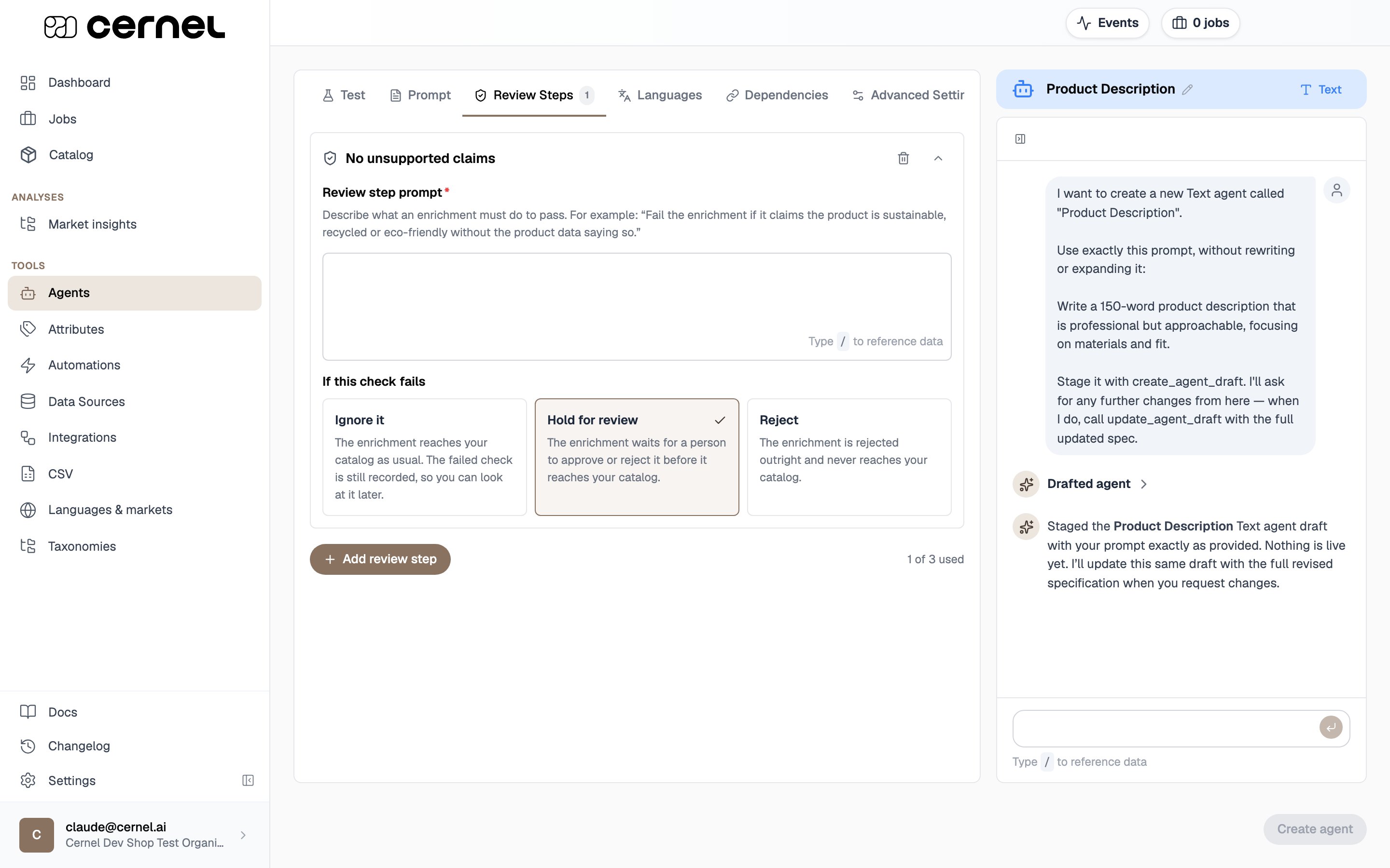 A configured review step with a name, a prompt describing a failing condition, and the If this check fails options showing Ignore it, Hold for review, and Reject