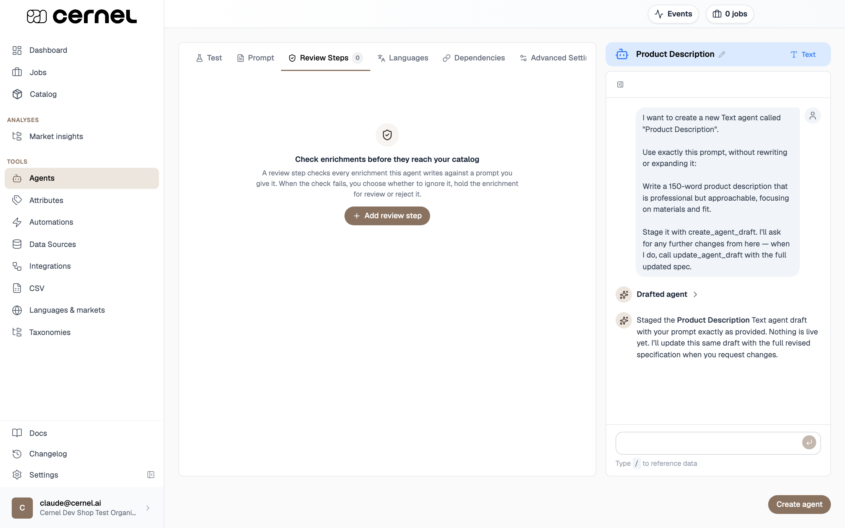 The Review Steps tab on an agent, showing an empty state that reads 'Check enrichments before they reach your catalog' with an Add review step button