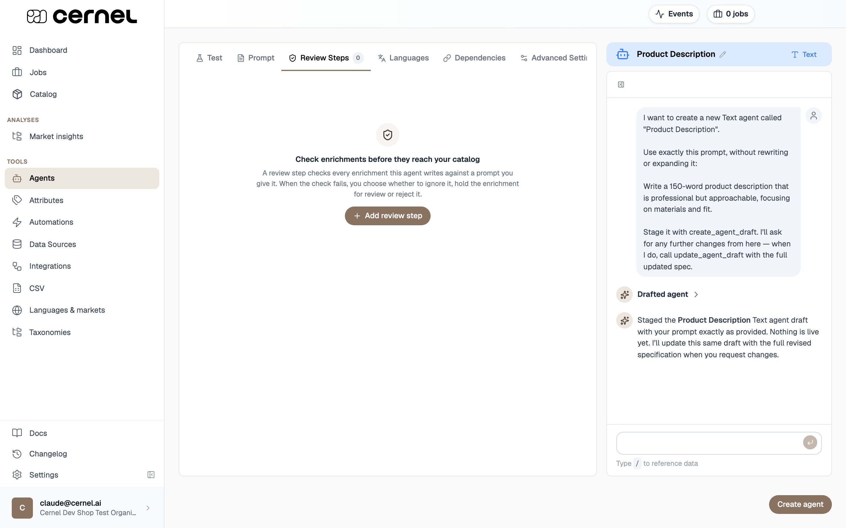 The Review Steps tab on an agent, showing an empty state that reads 'Check enrichments before they reach your catalog' with an Add review step button