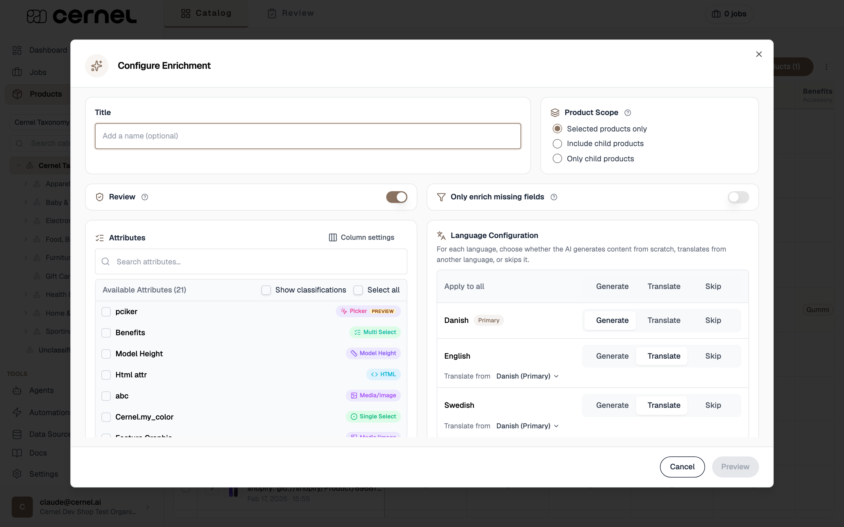 The Configure Enrichment modal showing the optional Title field, the Product Scope selector, the Review and Only enrich missing fields toggles, the Attributes picker, and the Language Configuration section with Generate, Translate, and Skip options for each language