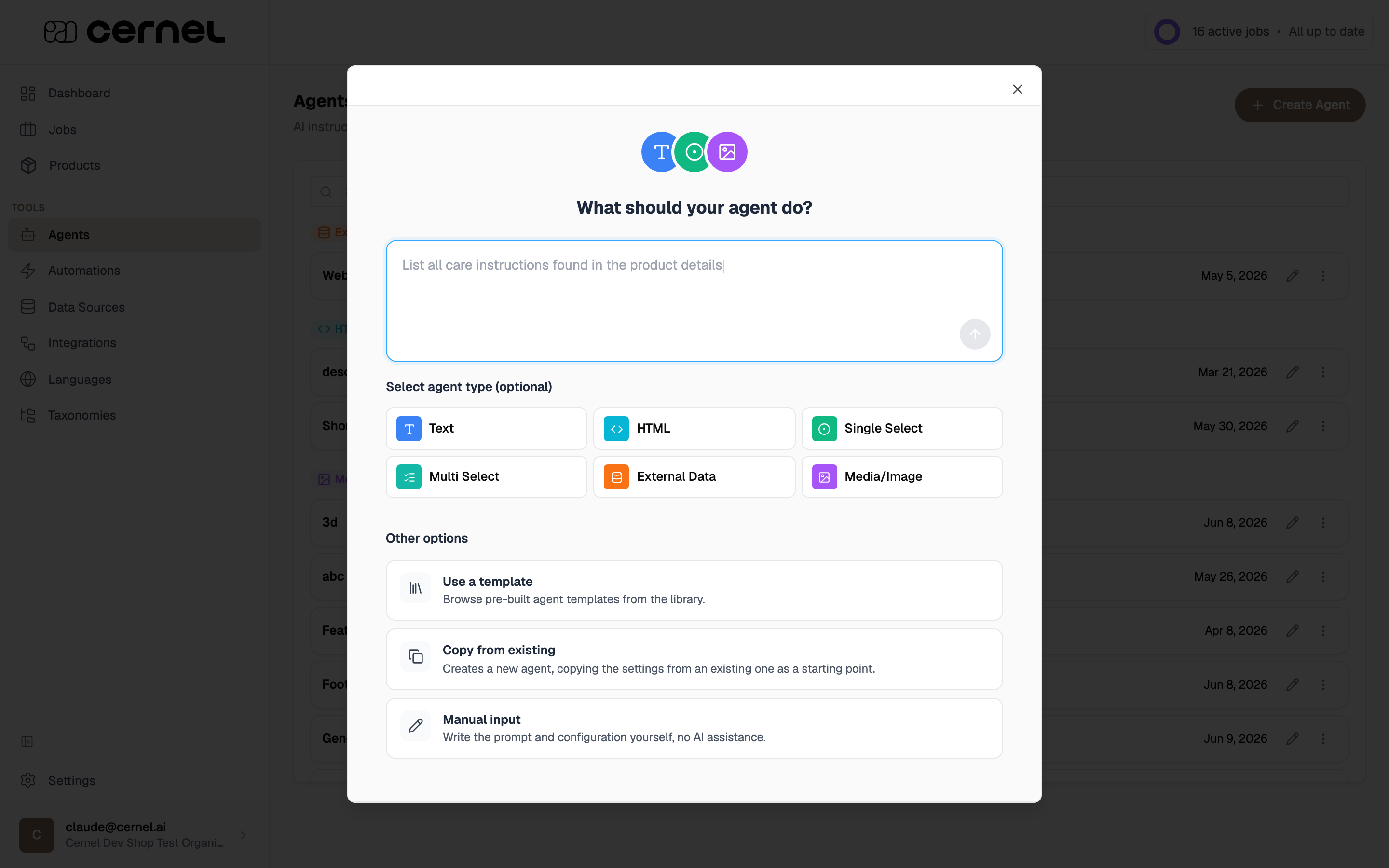 The 'What should your agent do?' screen with a description box, a 'Select agent type (optional)' row of six type chips (Text, HTML, Single Select, Multi Select, External Data, Media/Image), and an 'Other options' section listing Use a template, Copy from existing, and Manual input