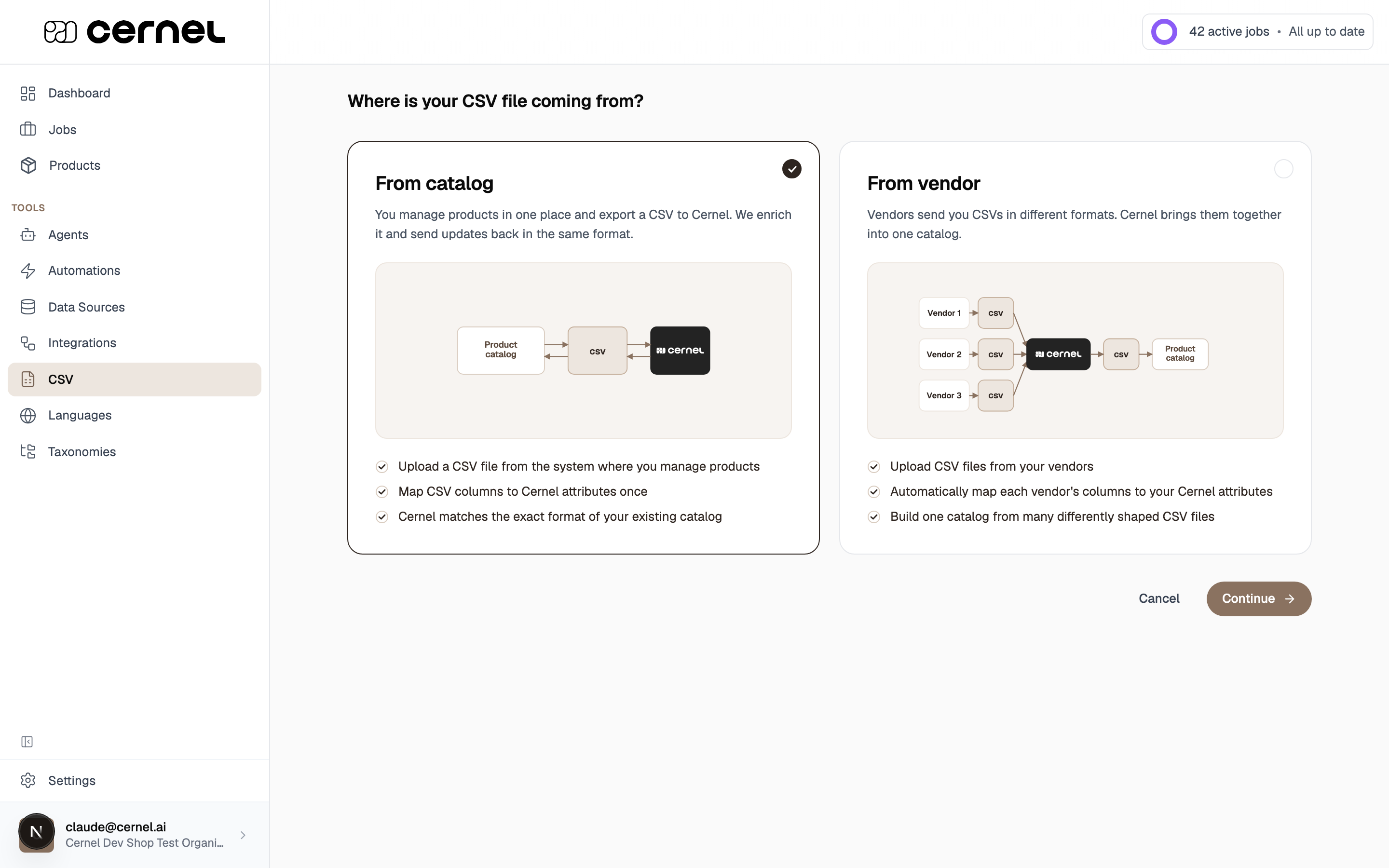 The import source step with two cards, From catalog and From vendor, each with an explanatory diagram and a Continue button