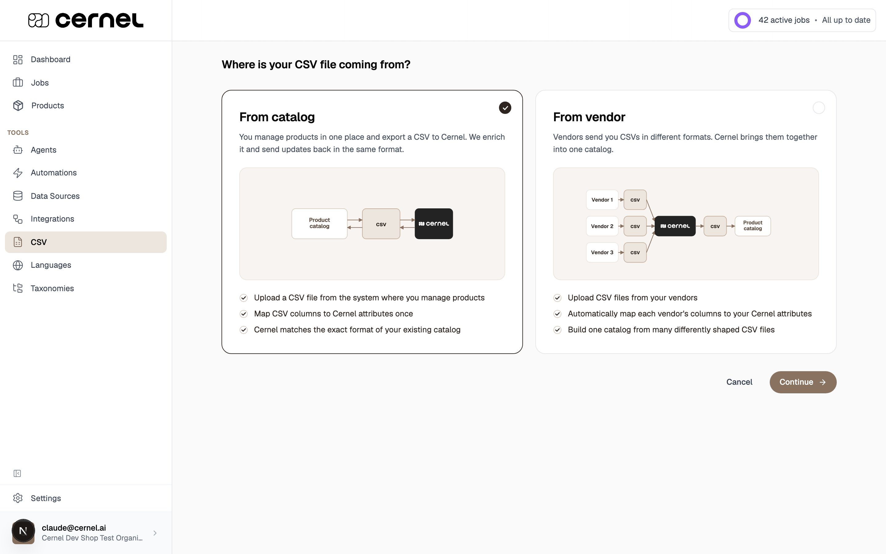The import source step with two cards, From catalog and From vendor, each with an explanatory diagram and a Continue button