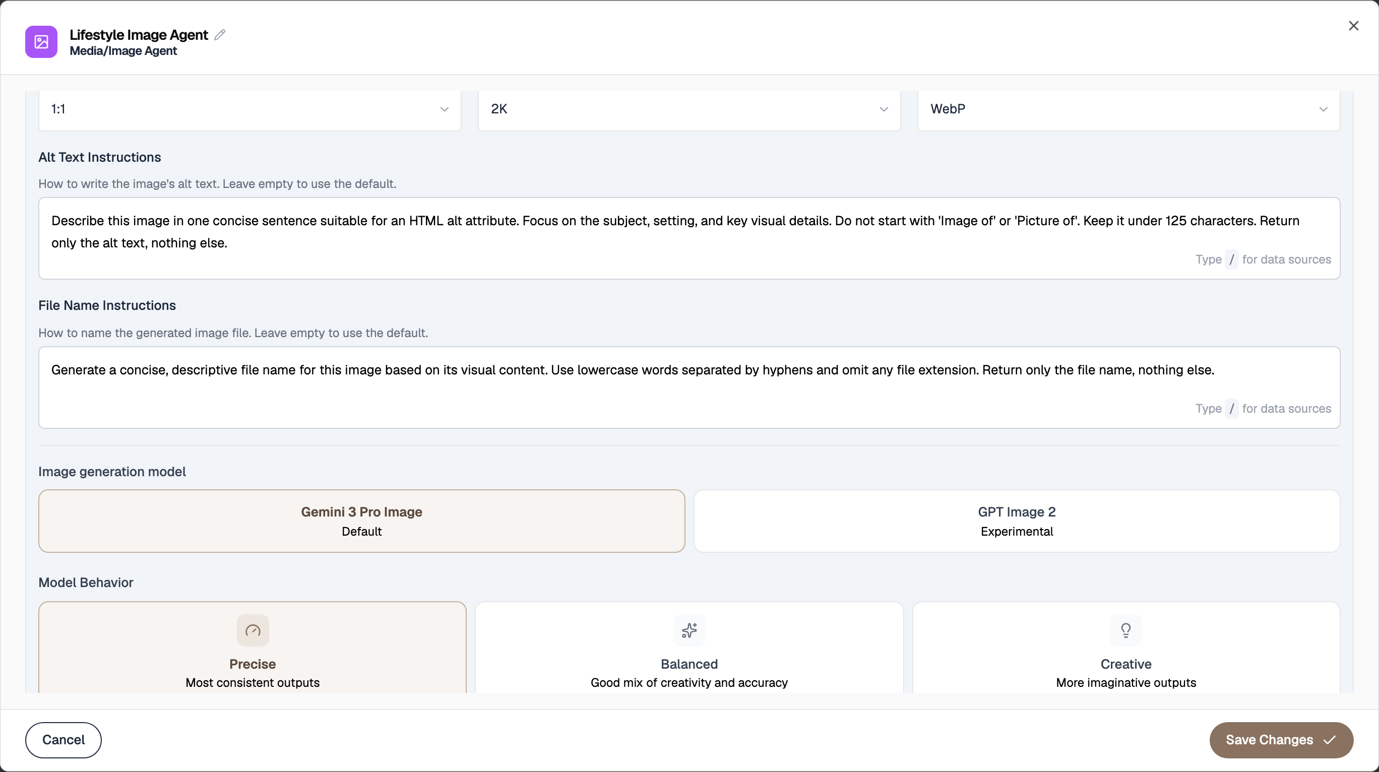 The Media agent editor's Advanced Settings tab showing Aspect Ratio, Resolution and File Format selectors, an Alt Text Instructions field, and a File Name Instructions field, each with a 'Type / for data sources' hint
