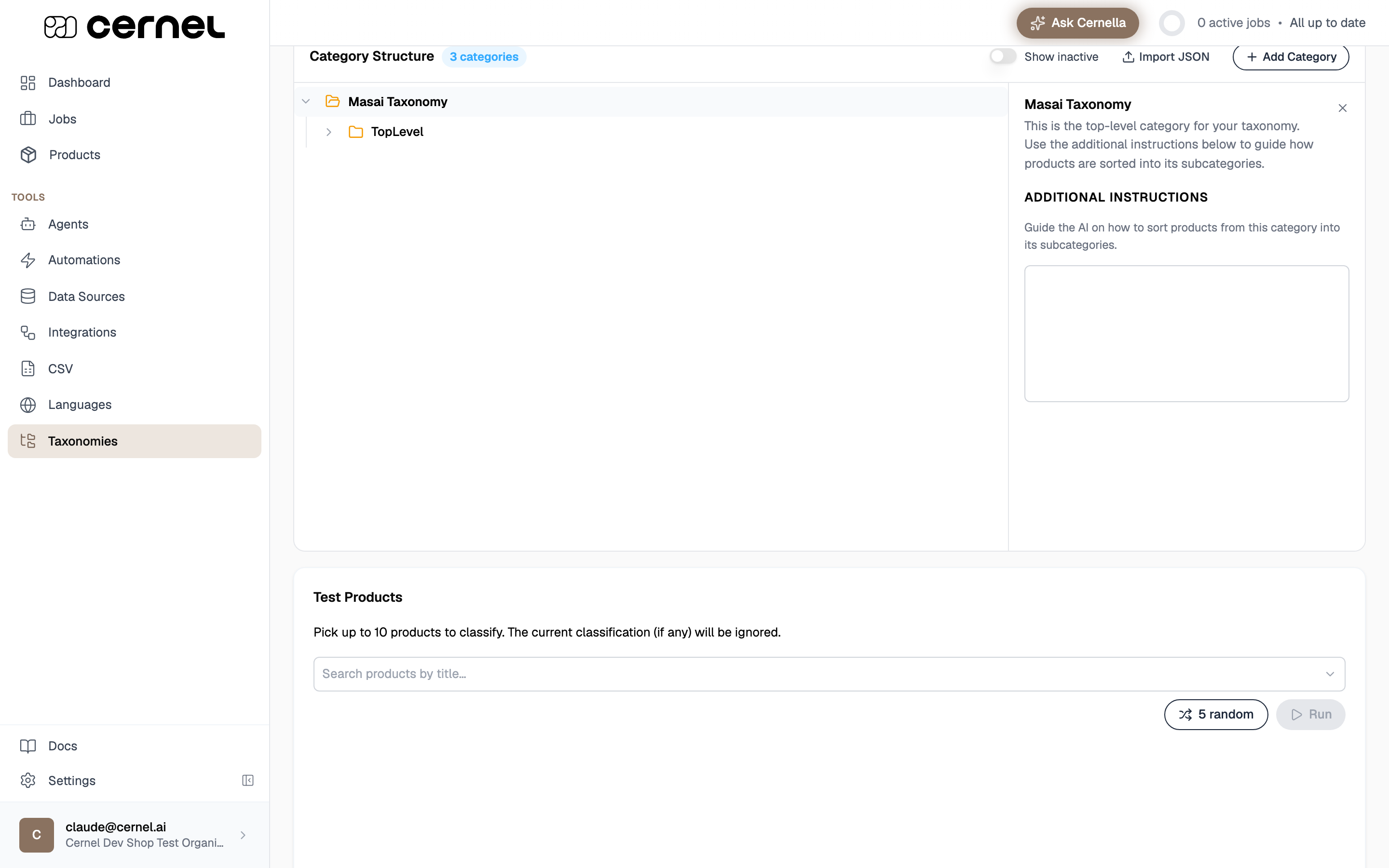 A custom taxonomy detail page showing the Category Structure tree with a root category and a subcategory, and the category editor panel on the right with an Additional Instructions field and its helper text