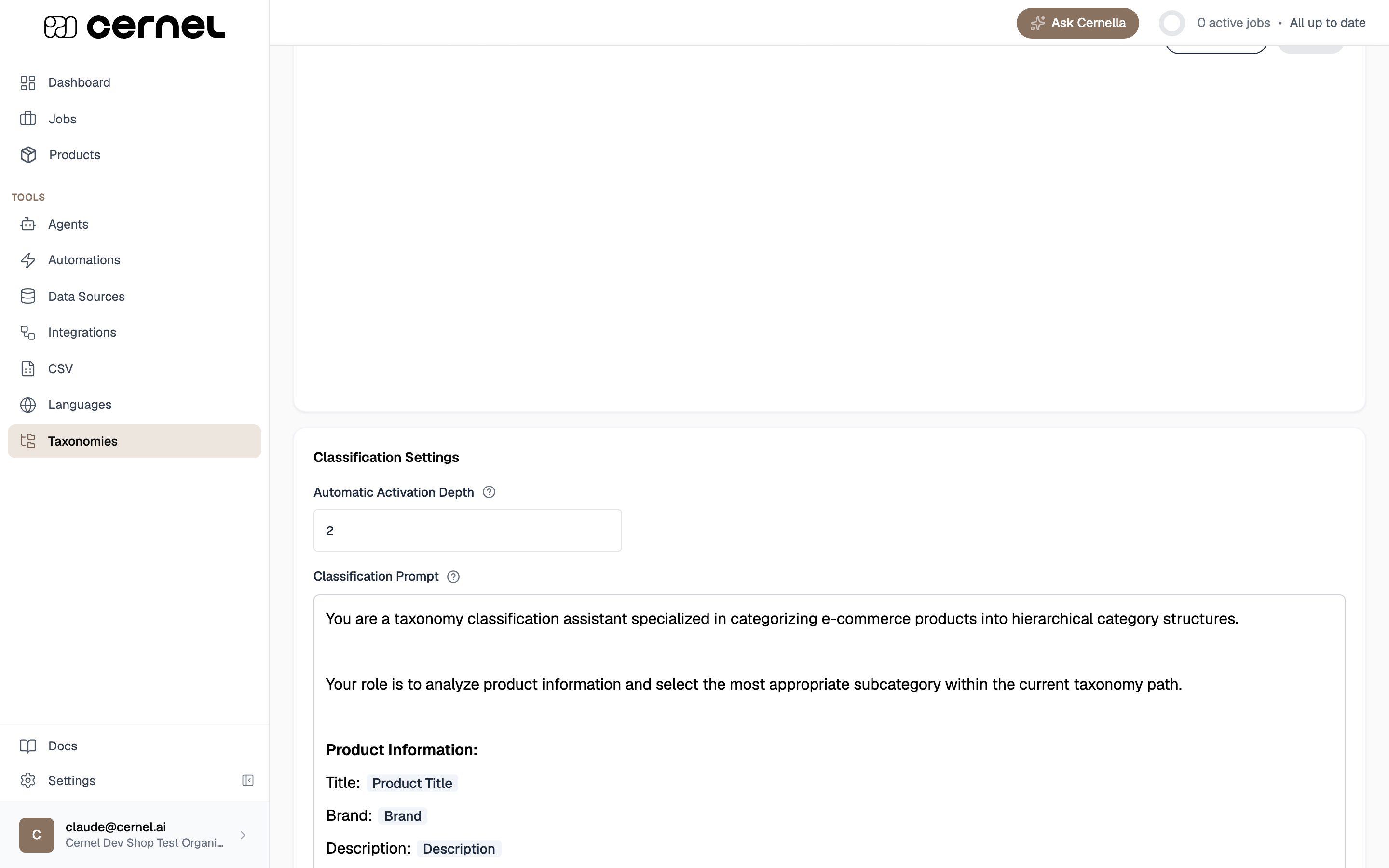 The Classification Settings section showing an Automatic Activation Depth field set to 2 and a Classification Prompt field containing instructions that reference product title, brand, and description