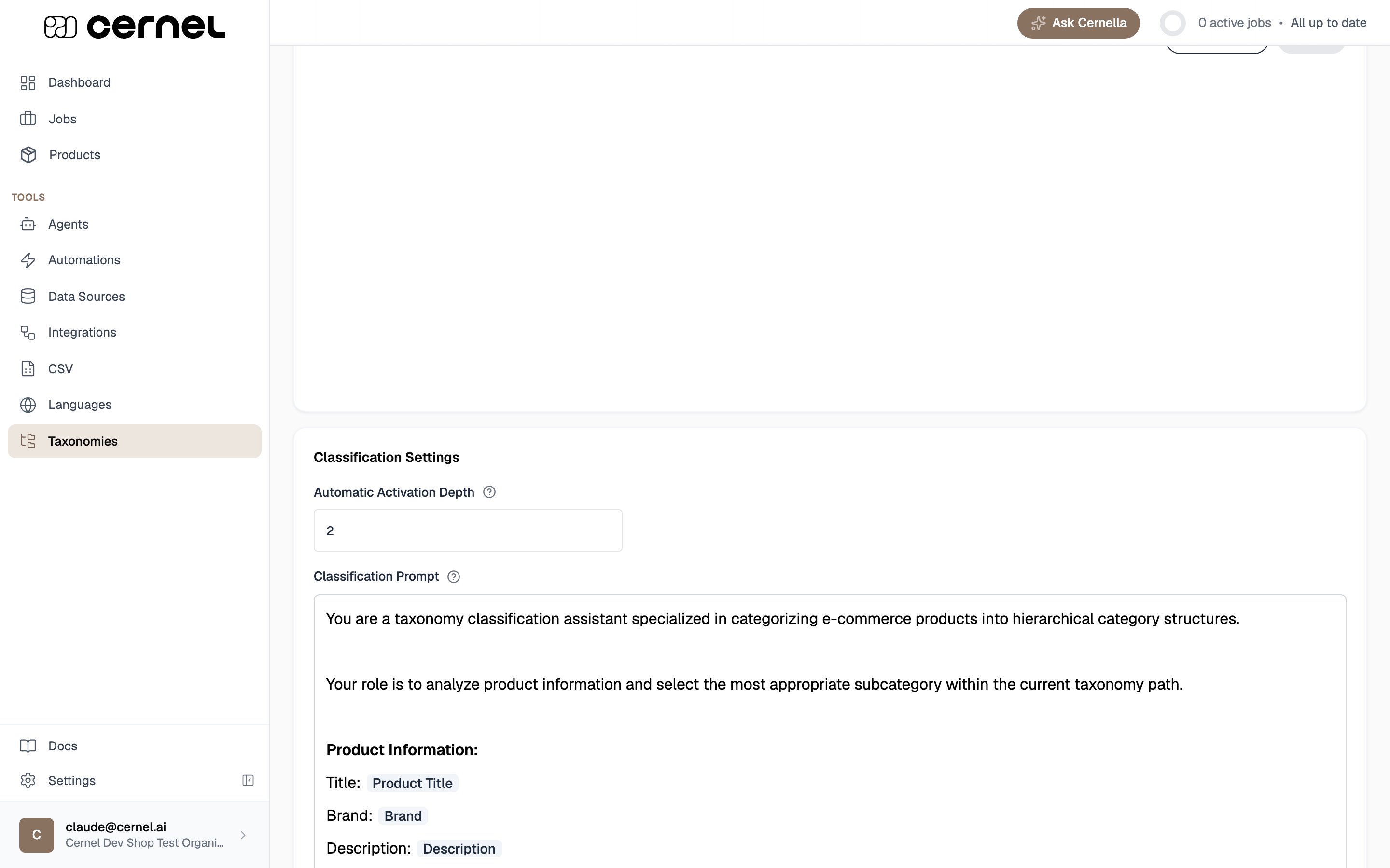 The Classification Settings section showing an Automatic Activation Depth field set to 2 and a Classification Prompt field containing instructions that reference product title, brand, and description