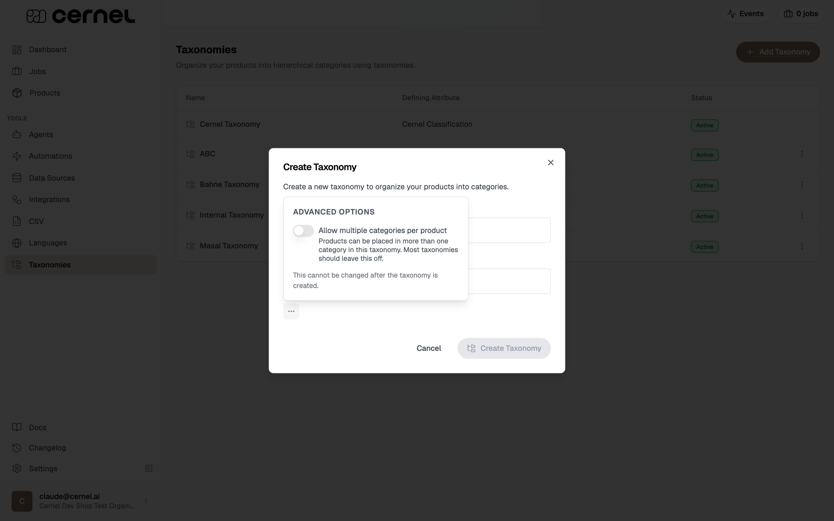 The Create Taxonomy dialog with its Advanced Options open, showing an 'Allow multiple categories per product' toggle turned off, its description, and a note that this cannot be changed after the taxonomy is created