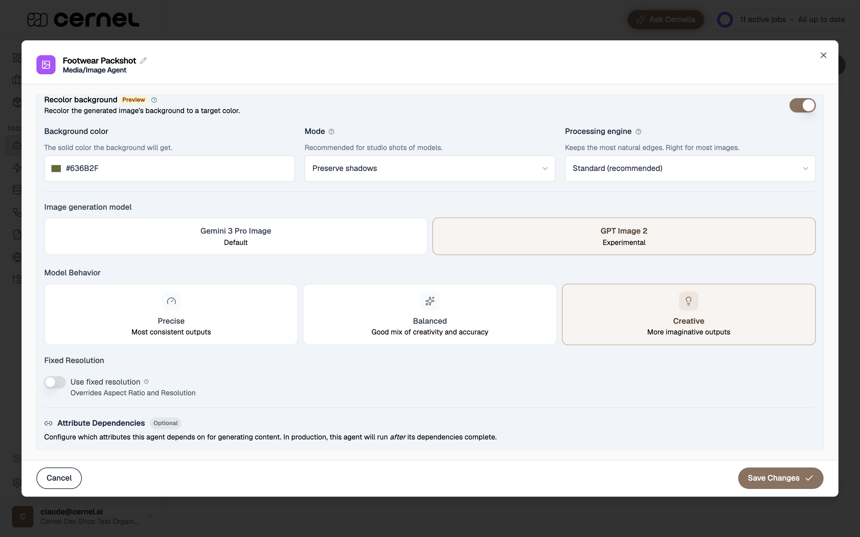 The Recolor background section of a Media agent's Advanced Settings tab, showing a Background color hex field, a Mode selector with Replace background / Preserve shadows / Hybrid options, and a Processing engine selector with Standard and Alternative options