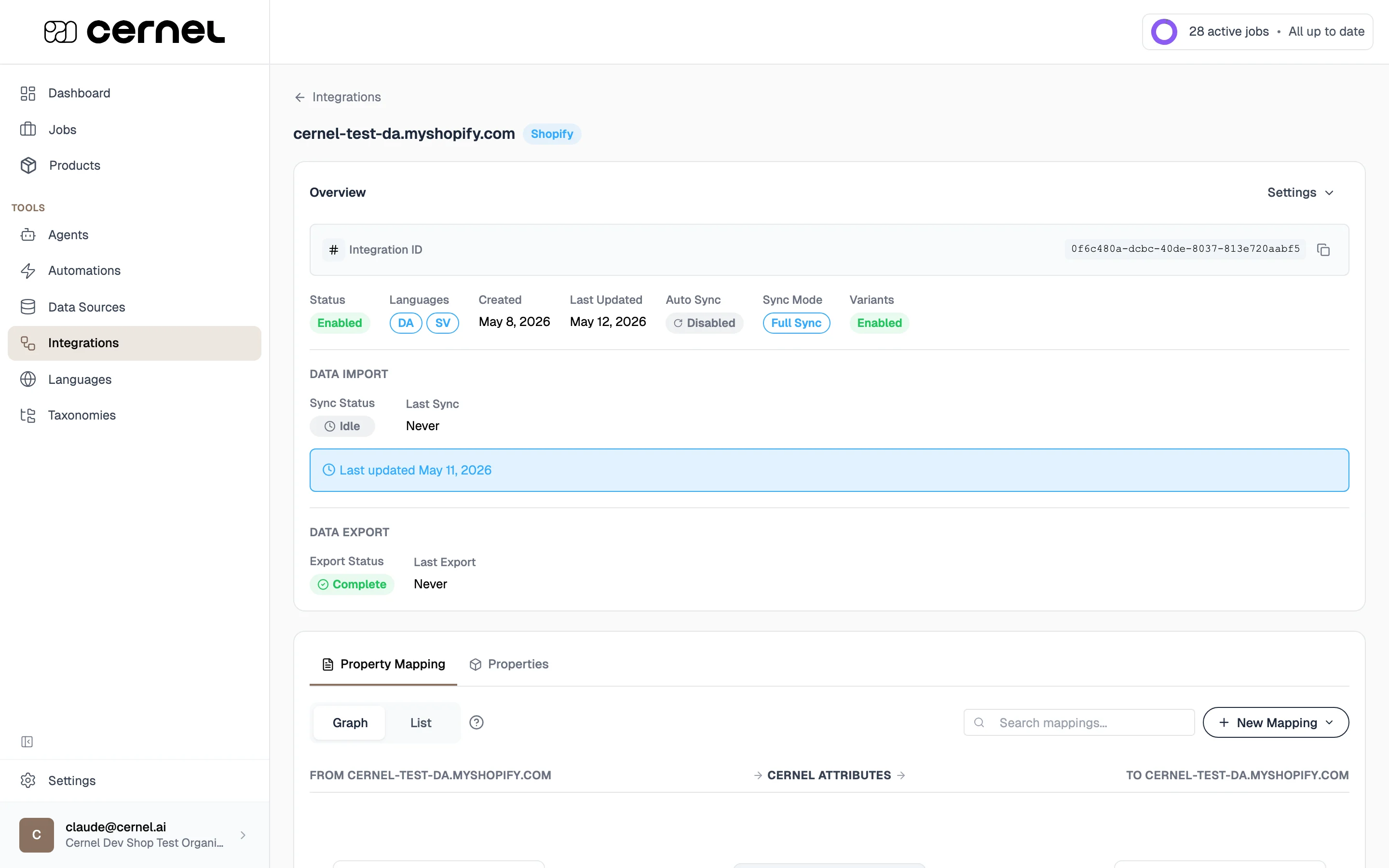 Shopify integration detail panel — the Overview row shows Status, Languages, Created, Last Updated, Auto Sync, Sync Mode, and a Variants control with an Enabled badge.