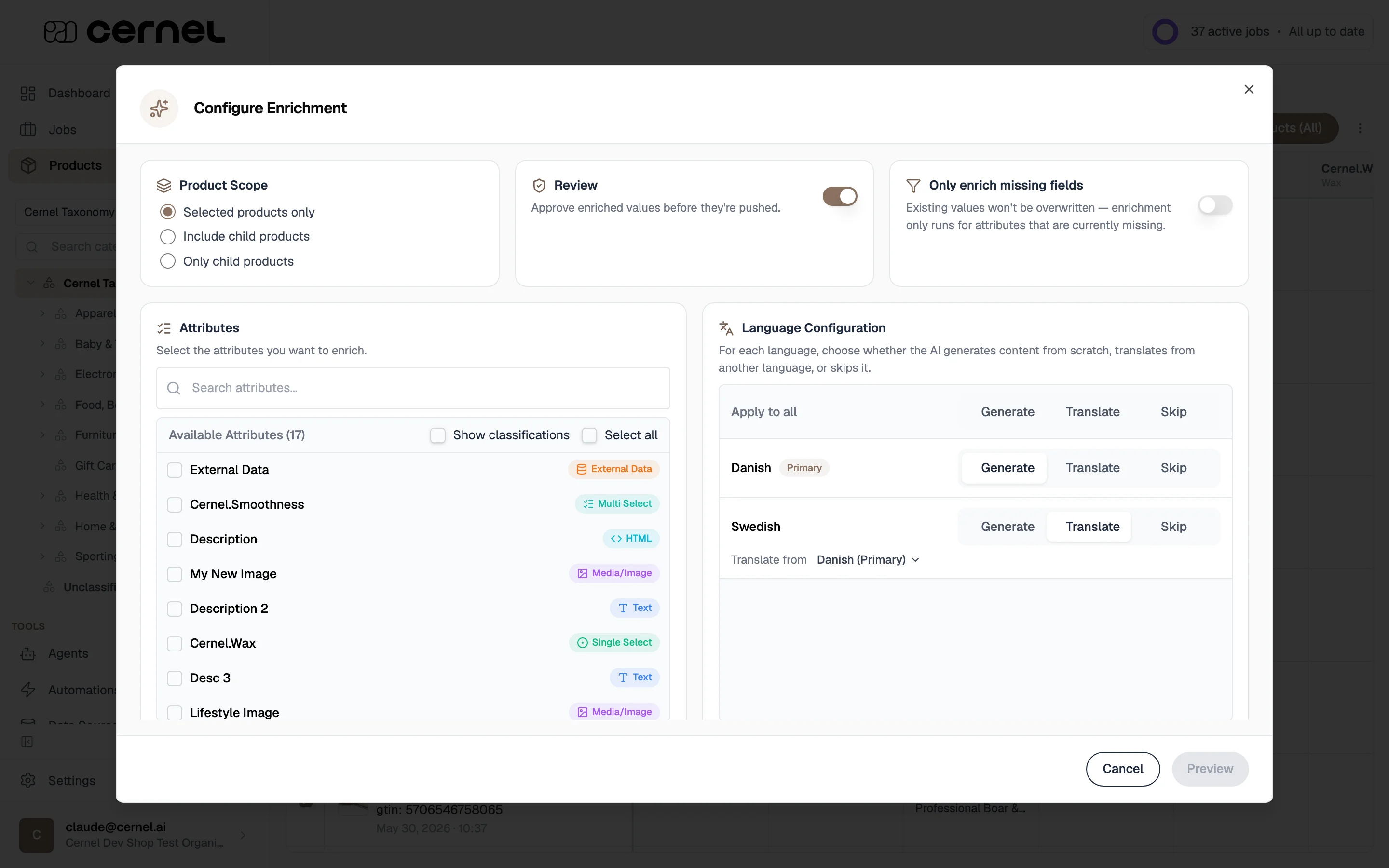 The enrichment modal showing the Product Scope selector, Review and Only enrich missing fields toggles, the Attributes picker, and the Languages section