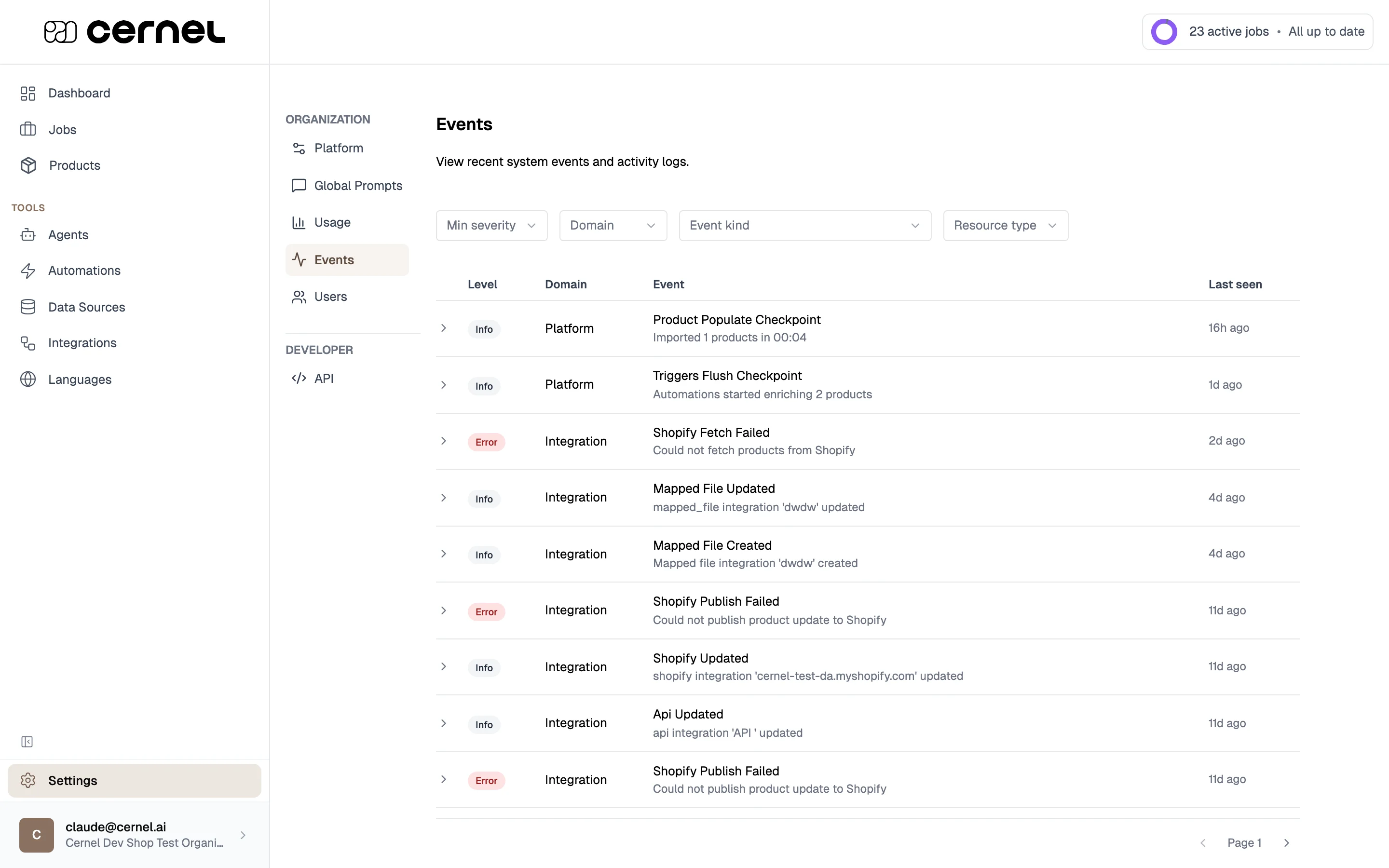 The Event Log page showing a table of system events with level, domain, event, and last seen columns, plus filter controls at the top