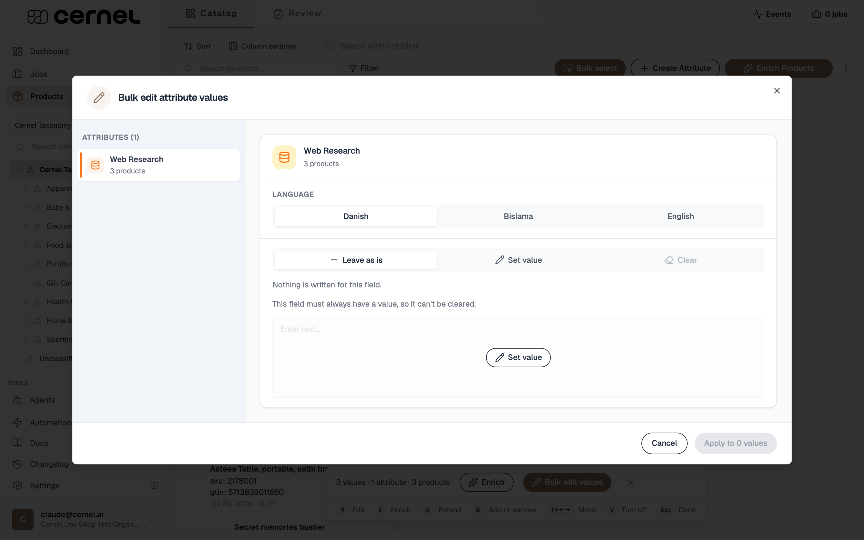 The Bulk edit attribute values modal: the selected attribute and product count on the left, a language selector, and Leave as is, Set value, and Clear options with a text field and an Apply button