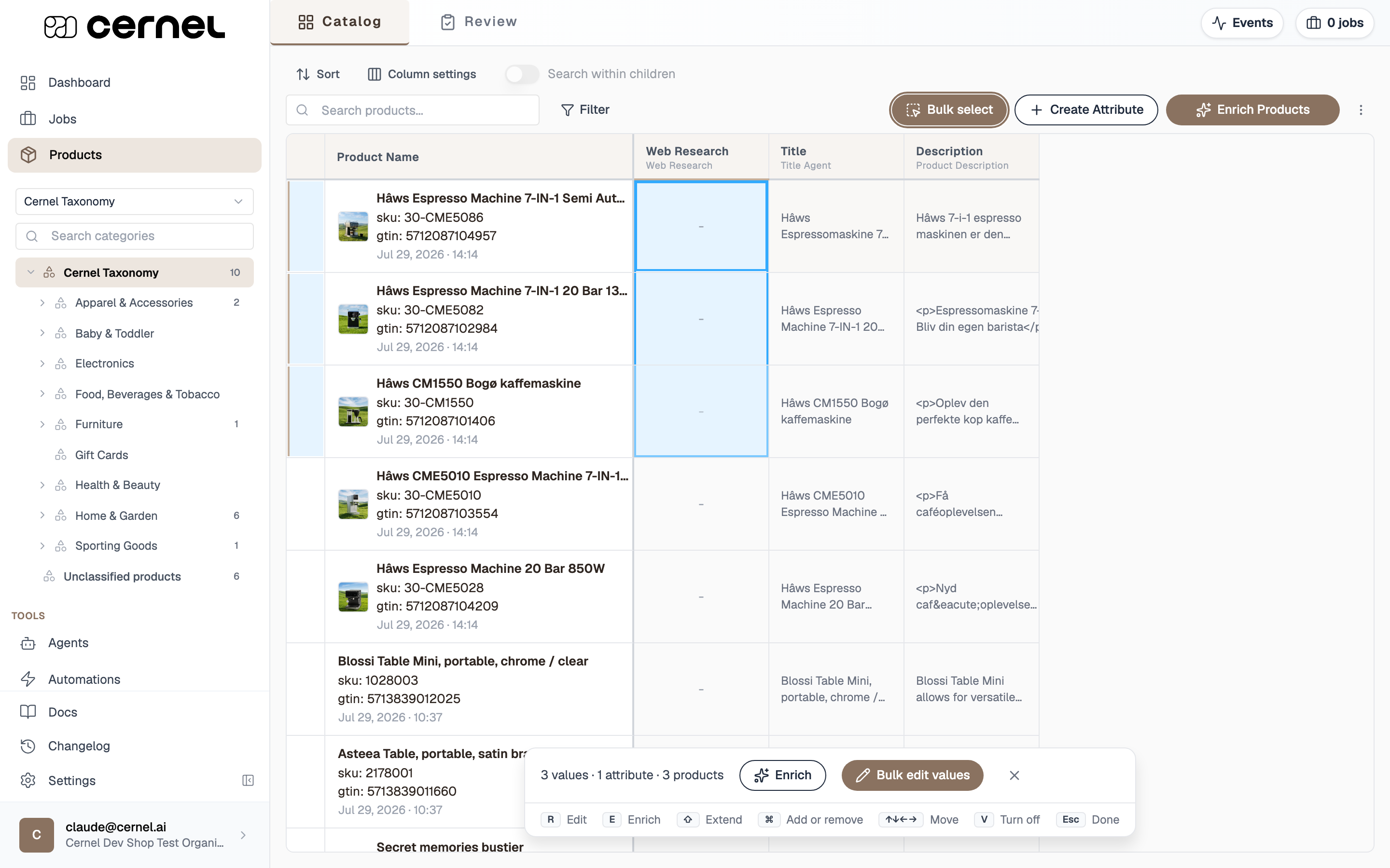 The product table in Bulk select mode with three Web Research cells highlighted across three rows, and a selection bar reading '3 values, 1 attribute, 3 products' with Enrich and Bulk edit values buttons and a legend of keyboard shortcuts