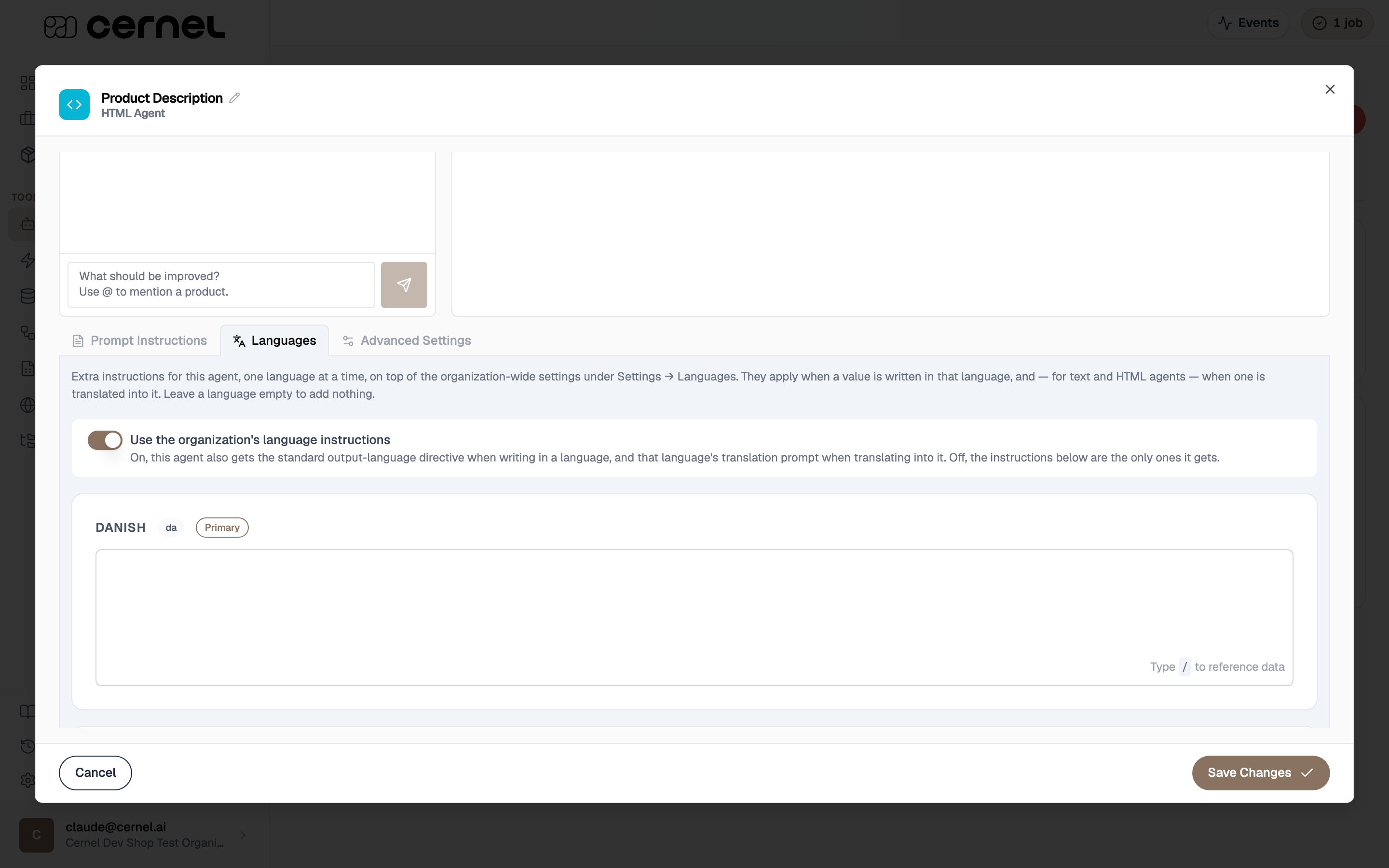 The agent editor's Languages tab for an HTML agent. A description explains these are extra per-language instructions on top of the organization-wide language settings. A 'Use the organization's language instructions' toggle is switched on, and below it a per-language instruction box is shown for Danish, marked Primary, with a 'Type / to reference data' hint.