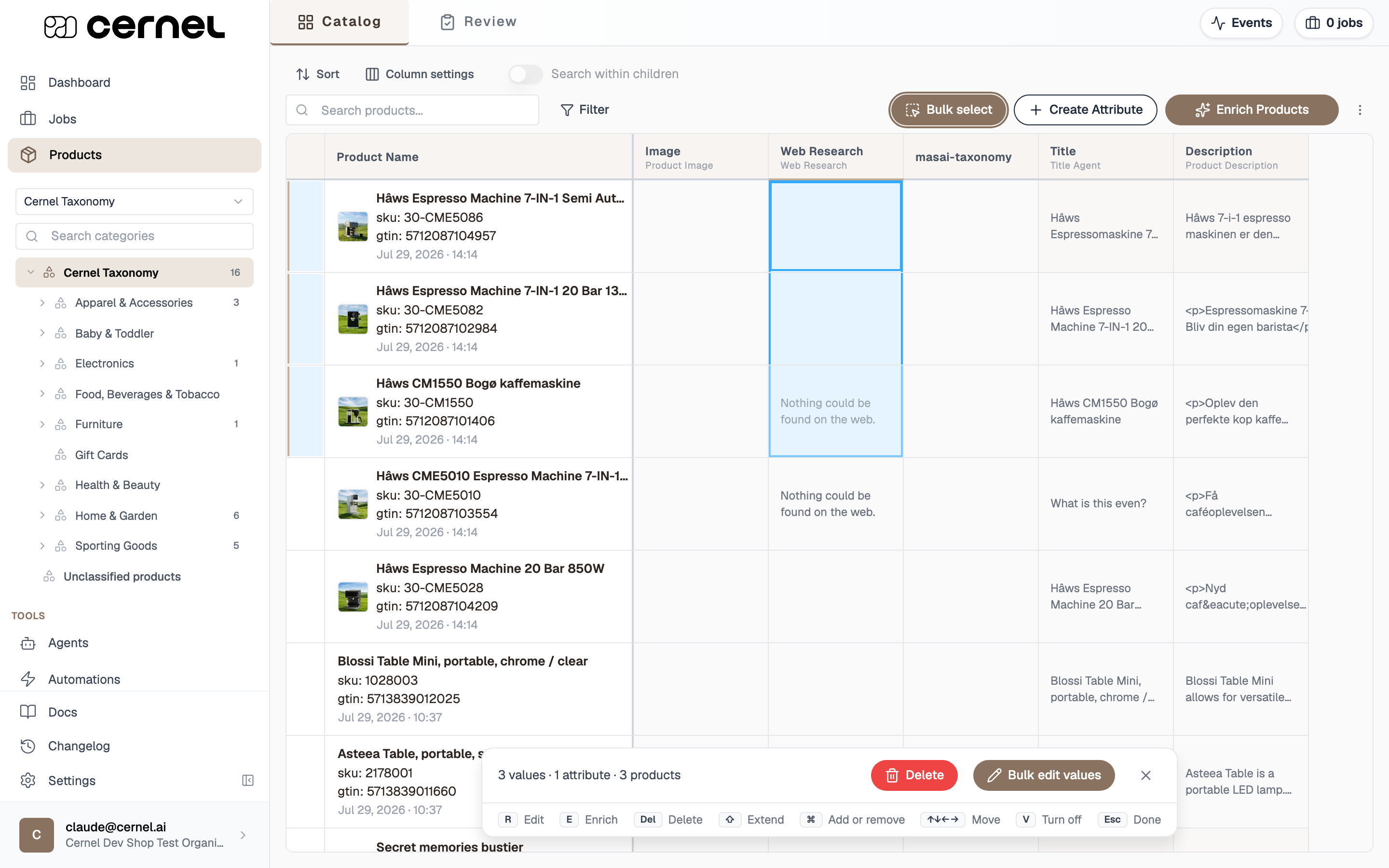 The product table in Bulk select mode with three Web Research cells highlighted across three rows, and a selection bar reading '3 values · 1 attribute · 3 products' with a red Delete button, a Bulk edit values button, and a legend of keyboard shortcuts