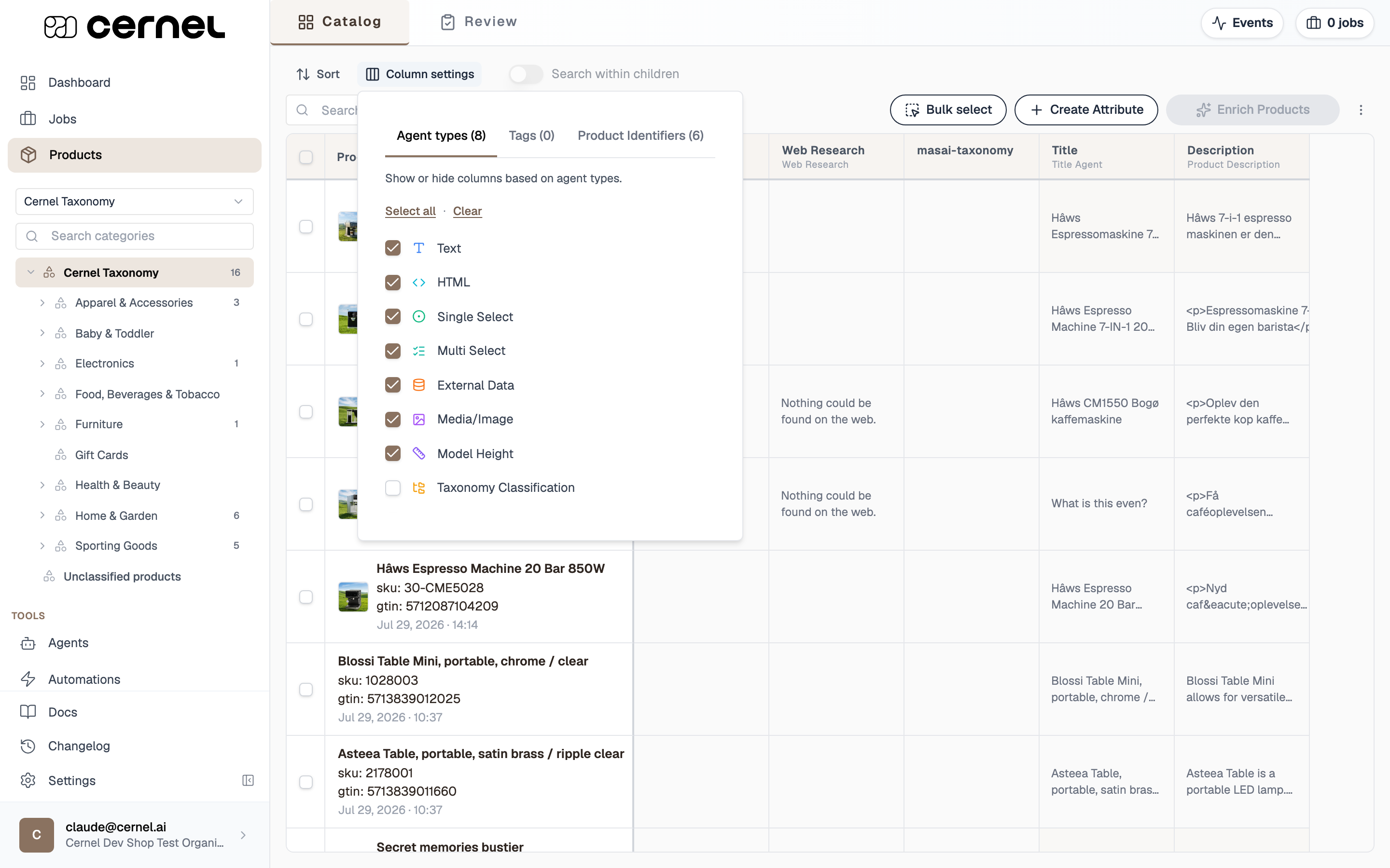 The product table's Column settings popover open on the Agent types tab, with checkboxes for Text, HTML, Single Select, Multi Select, External Data, Media/Image, and Taxonomy Classification, and Taxonomy Classification unchecked at the bottom