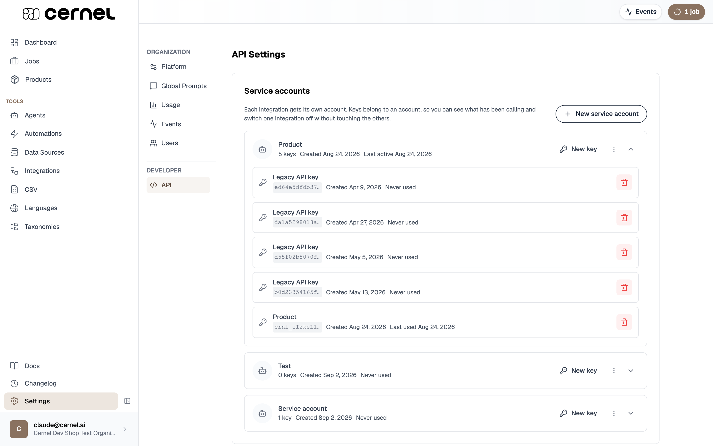 The API Settings page under Settings > Developer > API, showing service accounts each with their own keys, a New service account button, and a New key button on each account